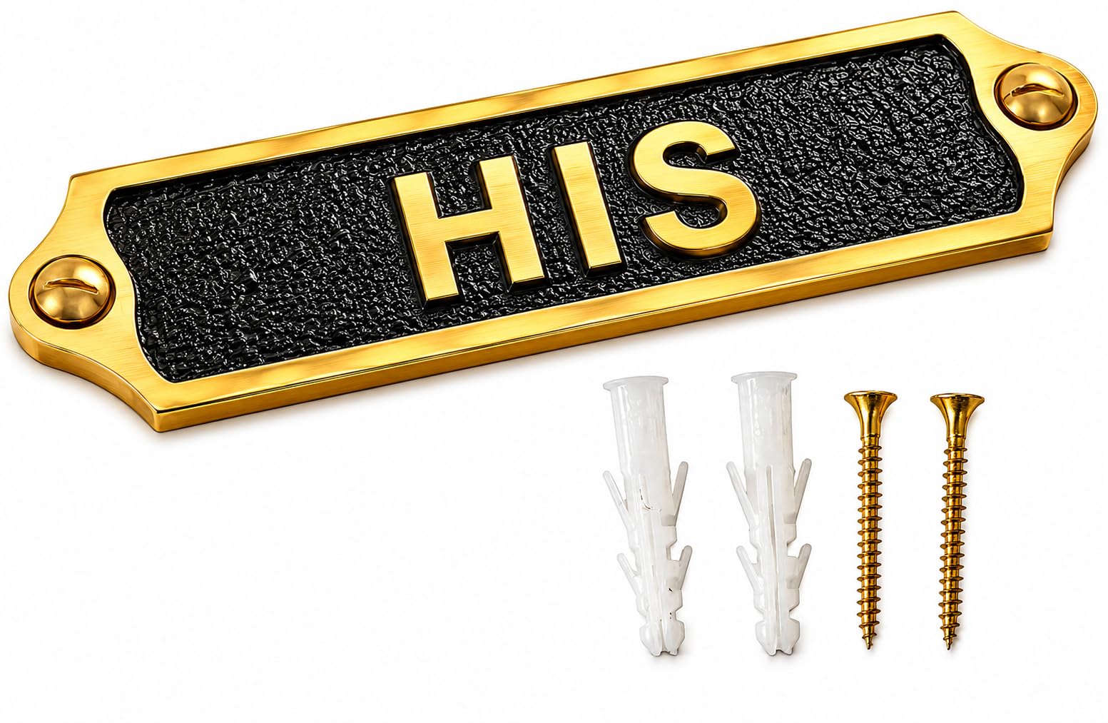 Brass Door Name Plaque Black Background HIS Sign Plate 22cm Wall Mounted Identification Sign for Homes Offices Hotels Clinics Schools Guest Rooms Restrooms Business Premises and Building Labelling