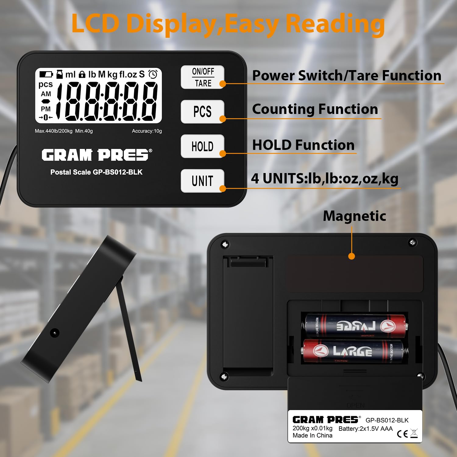 GRAM PRES Báscula de envíos digital de 200 kg/10 g con pantalla LCD, funciones de retención/tara/piezas para paquetes/equipaje/oficina de correos/perro, batería y cable USB incluidos