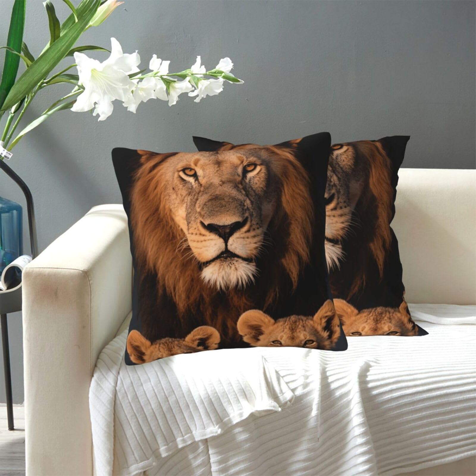 FekiLoot Decorative Throw Pillow Covers Modern Farmhouse Pillowcase Double Sided Cozy Cushion Cover for Sofa Couch Bed 20"X20" Lion Family with Cubs
