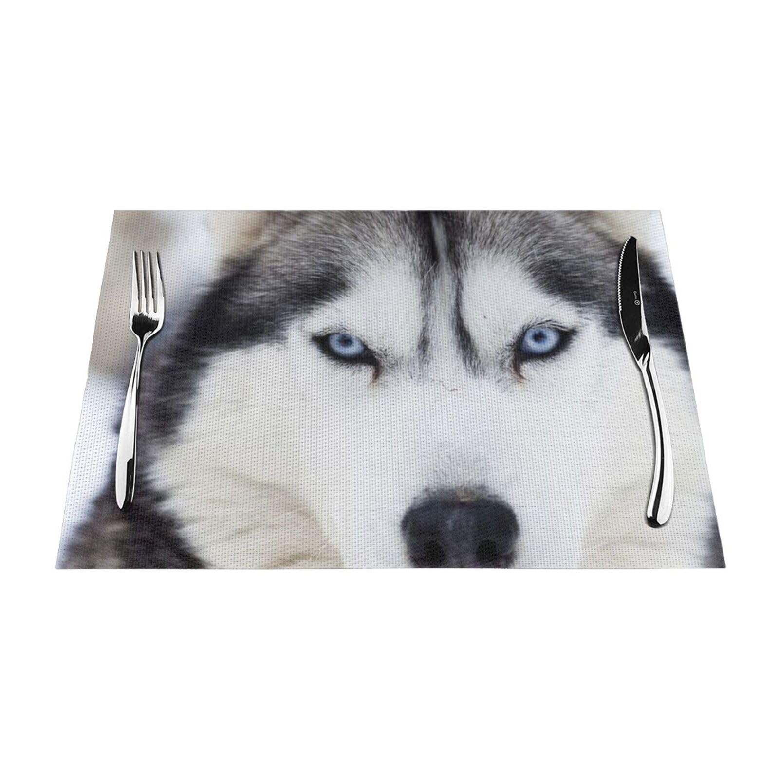 PVC Placemat Set of 6 PCS, 45x30 CM, Cute Husky Printed Non-Slip Heat Resistant Place Mats for Kitchen Dining Table Indoor Outdoor