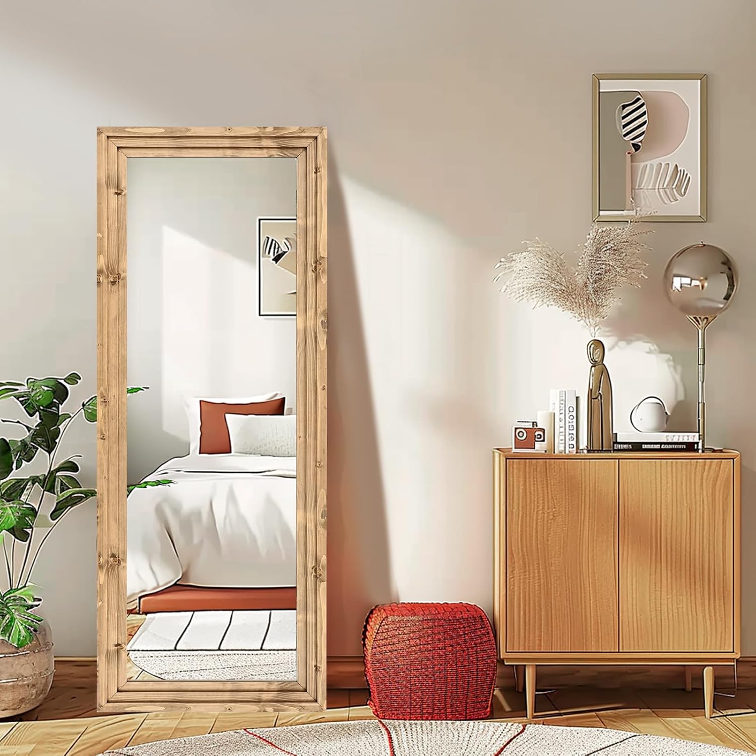 Full Length Mirror 58"x22" Solid Wood Frame Floor Large Mirror for Living Room, Bedroom Hanging or Leaning Wall-Mounted, Light Brown