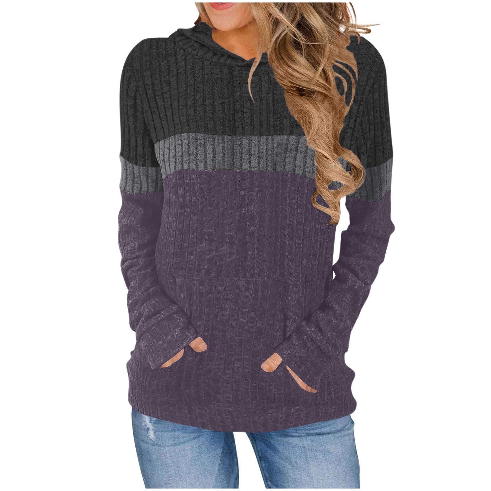 Womens Color Block Knit Hoodie Casual Long Sleeve Pullover Sweater Tops with Pocket Cozy Textured Fall Fashion Tops