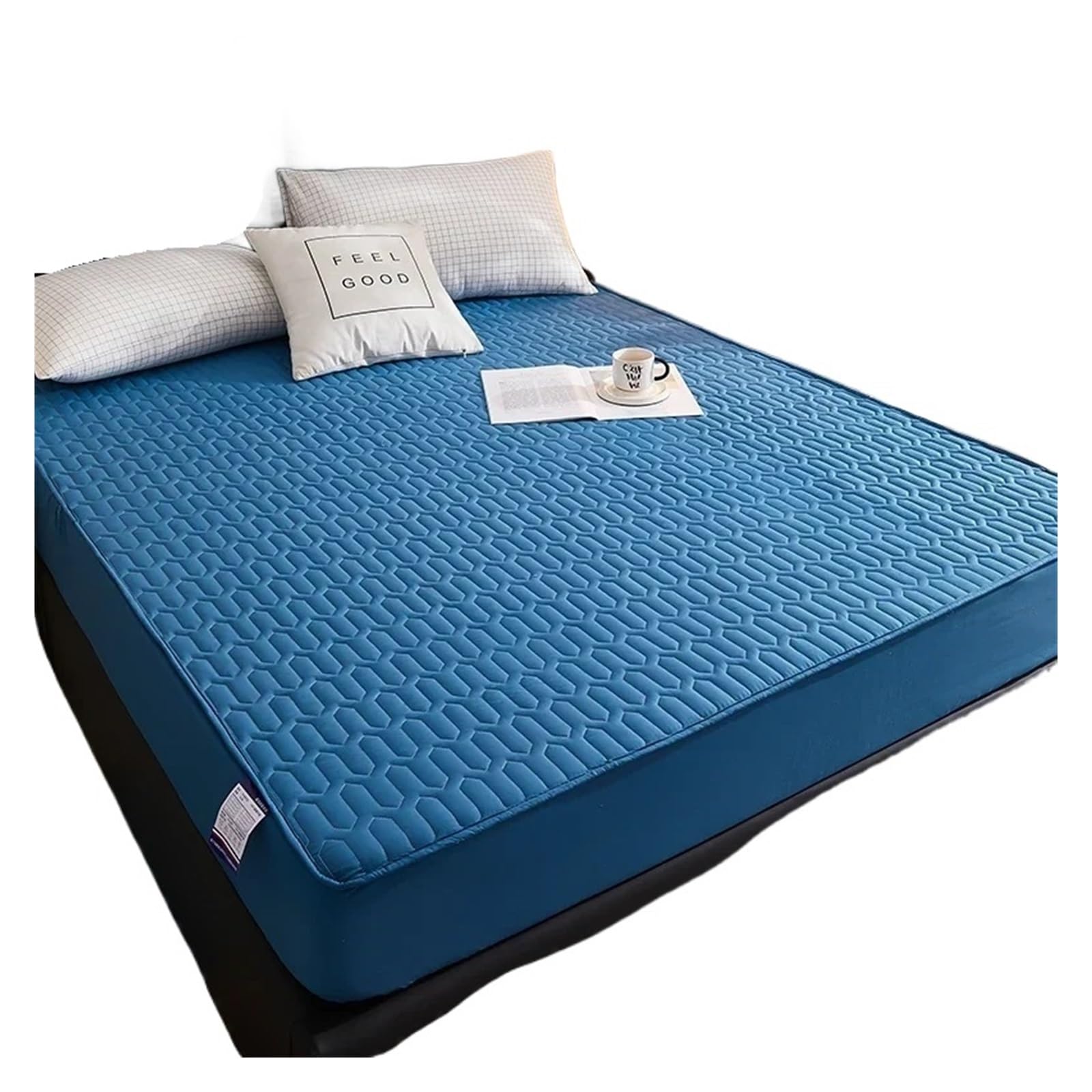 Sobrecolchón Acolchado de Microfibra Funda de colchón Acolchada Impermeable, Sábana Ajustable, Funda de Cama, Protector de colchón, Estera de látex(Blue,180x220x30cm)