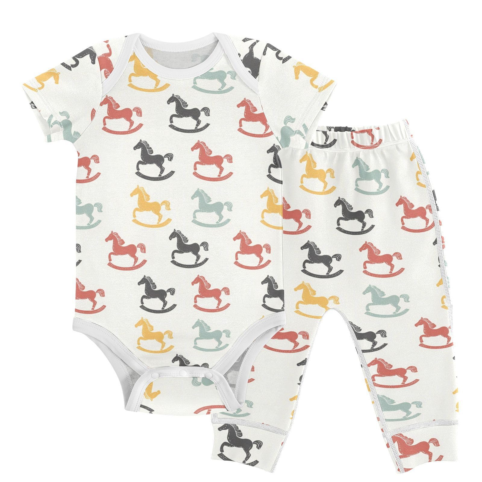 vvfelixl Cartoon Colorful Toy Rocking Horse Baby Layette Sets,Baby Bodysuits Set Unisex Short Sleeve Babys Pants Sets 9-12M