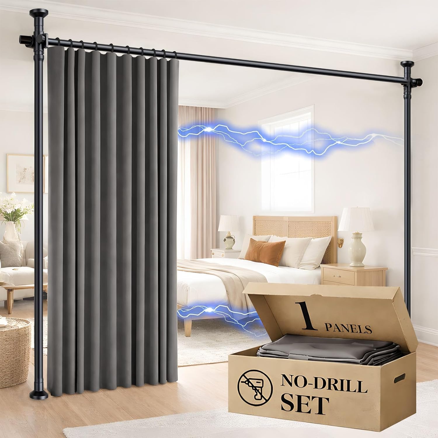 Room Divider Curtain Set-No Drilling Curtain Rod Set, Curtains for Dividing Bedroom, Curtain Room Divider for Privacy Grey-100 W x 84" L(Pack of 1)