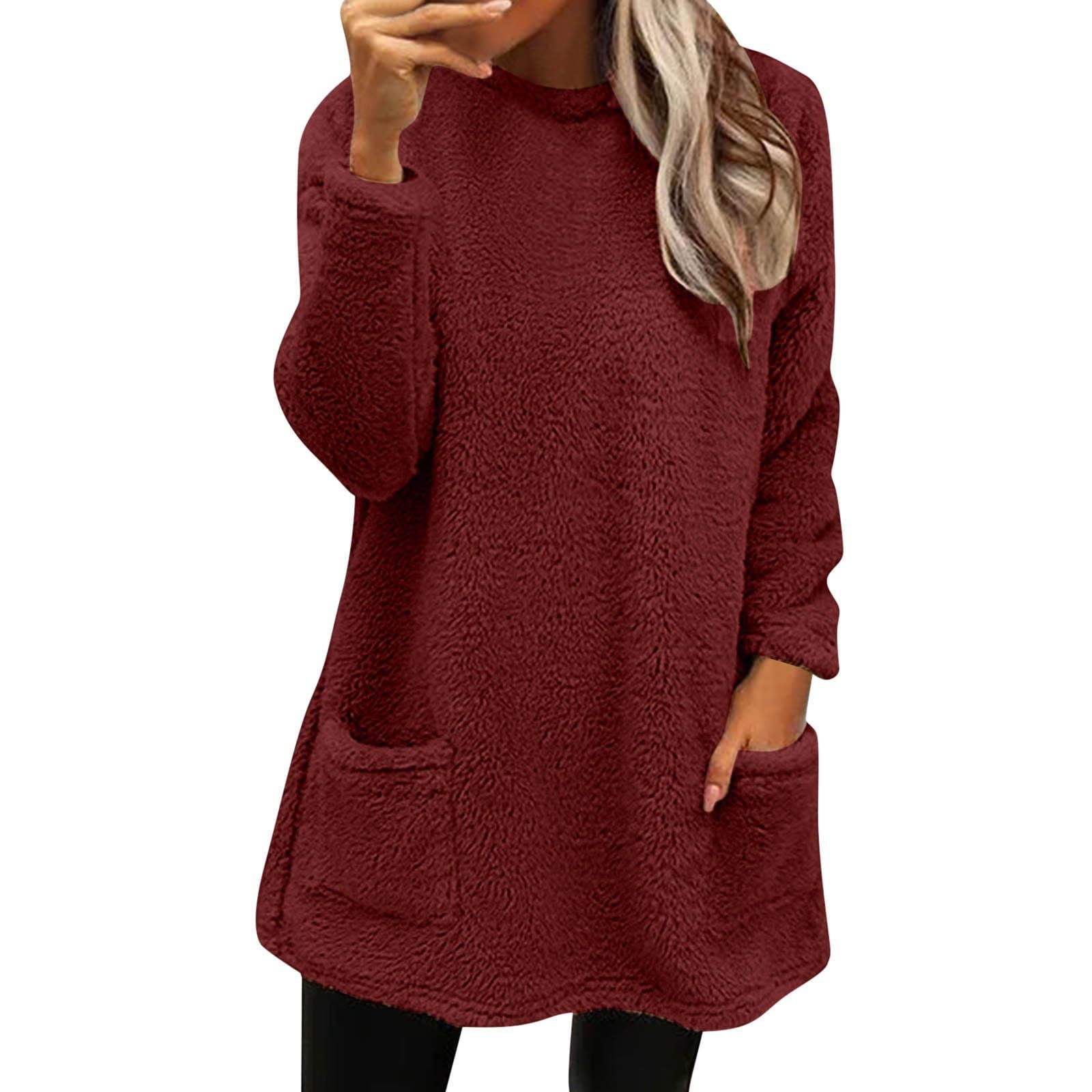 Cozy Sweater for Women Round Neck Long Pullover for Anxiety Comfort Fleece Pajamas Tops Loungewear with Pockets