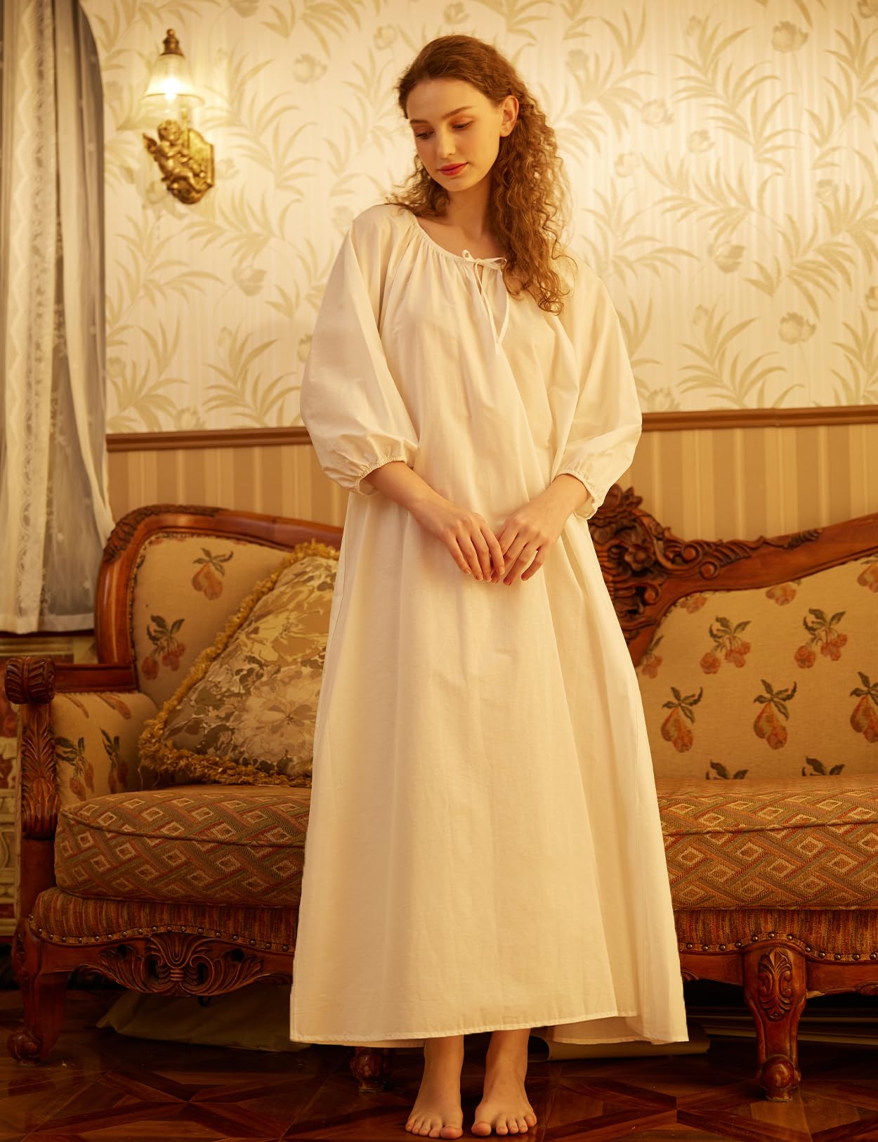 BEAUTELICATE Nachthemd Damen Lang Baumwolle Viktorianisch Schlafanzug 3/4 Ärmel Sommer Vintage Nachtkleid Ballonärmel Nachtwäsche Schlafanzug für Valentinstag Jahrestag Karneval