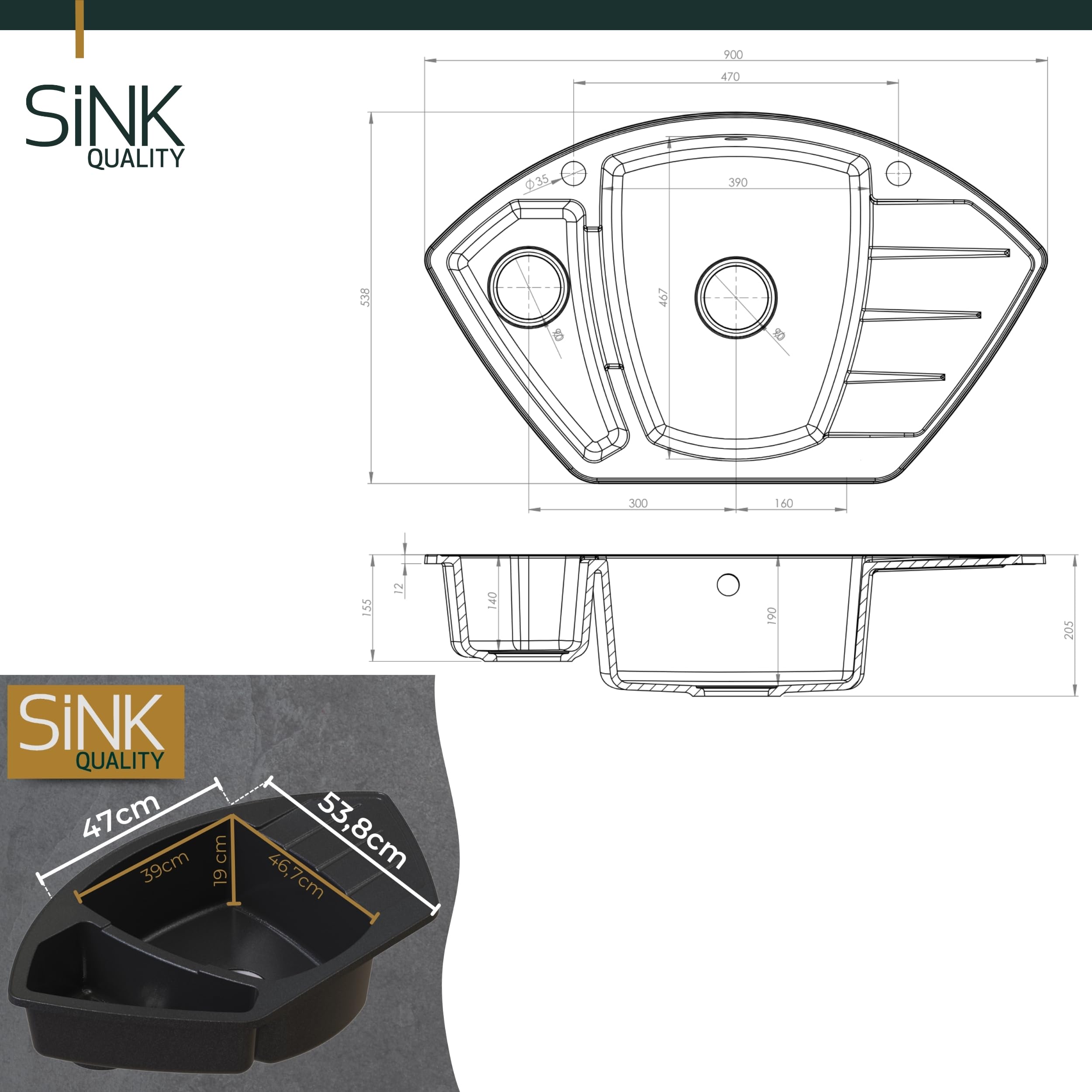 SINK Quality Eckspüle aus Granit 90x54 cm - Graphit – 1,5 Becken Einbauspüle mit Restebecken, Robust & Kratzfest, Inkl. Siphon & Imprägnierung, Küchenspüle ab 70 cm Unterschrank