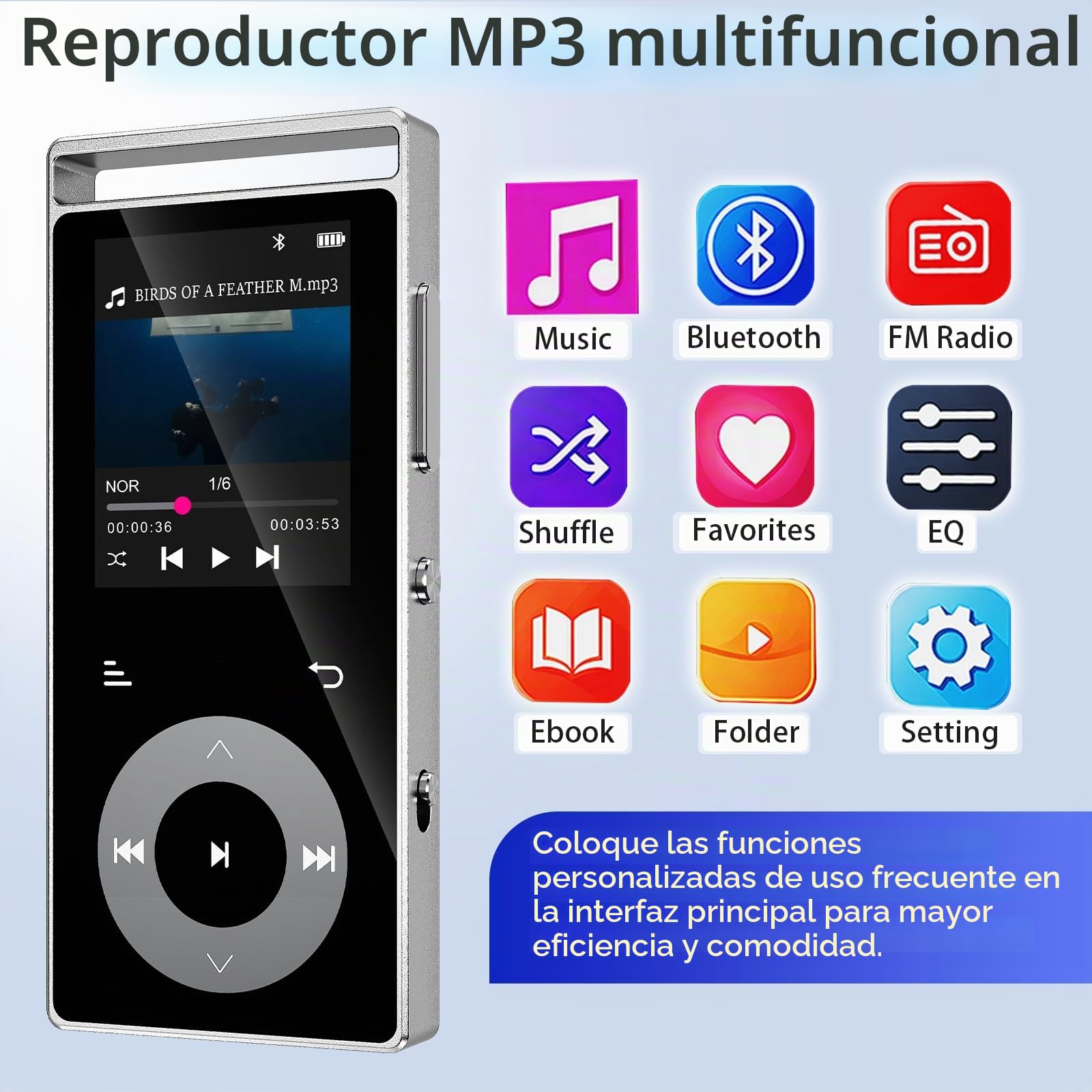 90GB Reproductor MP3 Bluetooth 5.3, MP3 Player de HiFi para (Argento)