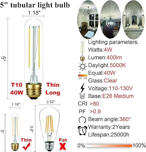 Miniatura 3 de Paquete de bombilla LED regulable T10 luz diurna 5000K bombilla tubular y bombilla G16.5 Blanco neutro 4000K E26 Bombilla 4 W 40 W AC120V 400lm