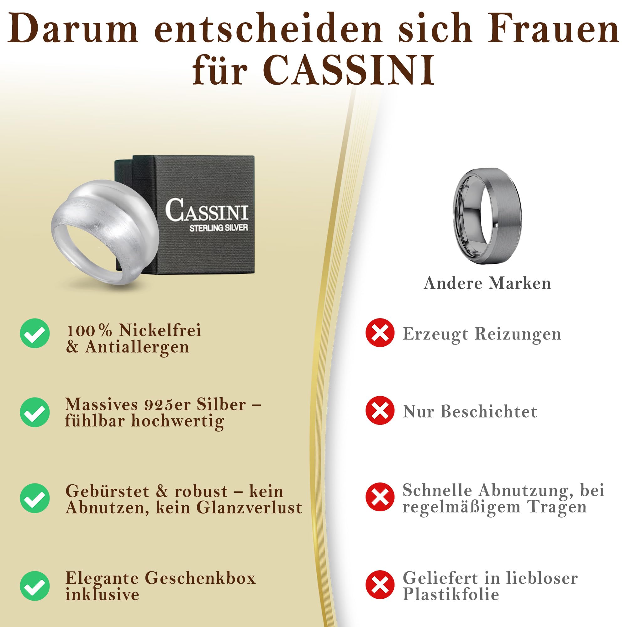 Cassini Mattierter doppelter Ring aus 925er Sterling Silber, breit, Damen Ring 3RAC