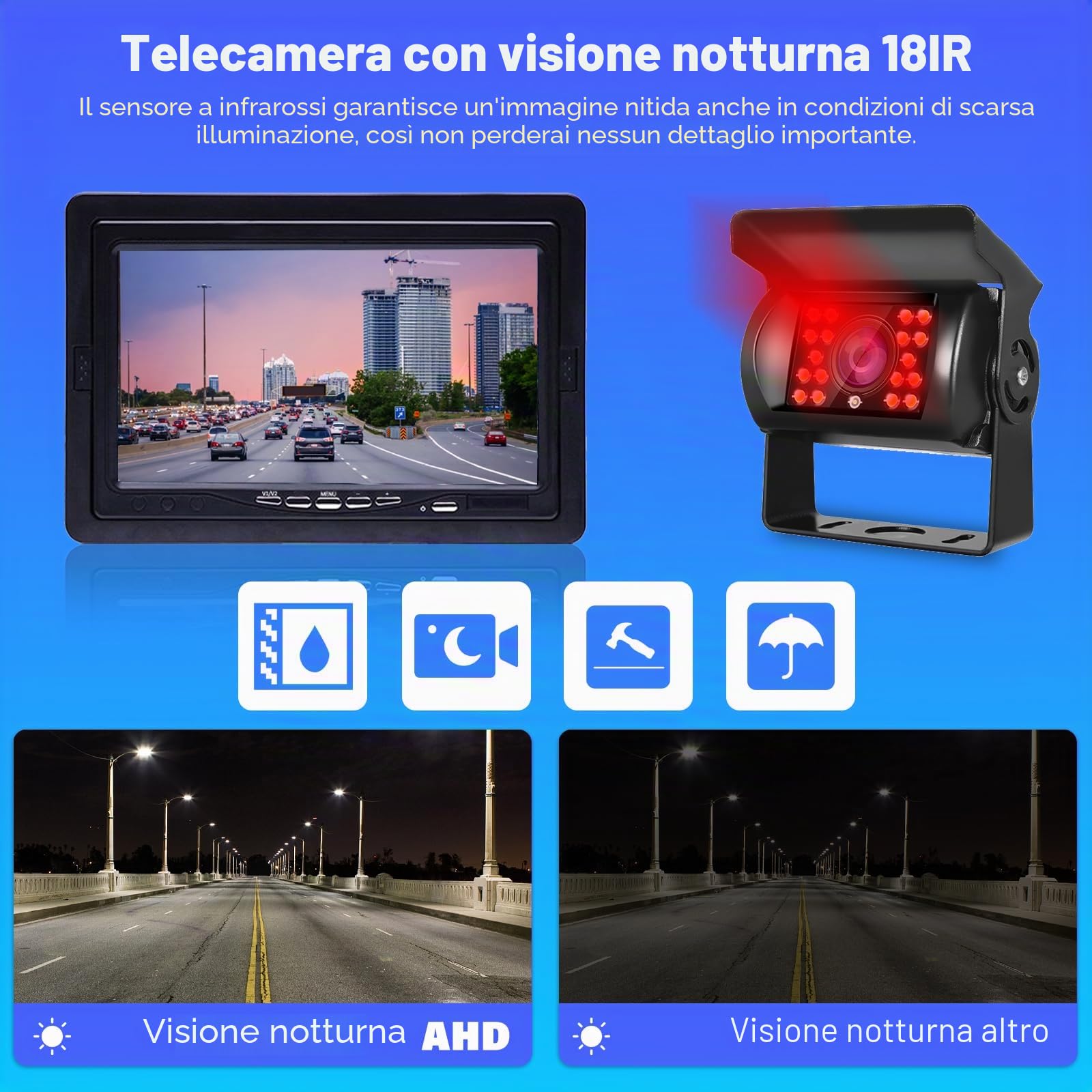 Telecamera Retromarcia per Auto - Monitor auto LCD da 7 pollici con supporto per telecamera di backup IP67 impermeabile 18IR visione notturna- 2 telecamere di backup + 2 cavi per Camper/autobus 12-24V