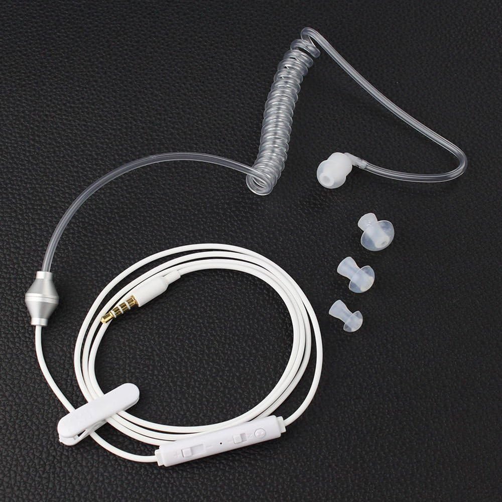 Exotic life Anti-radiation 3.5mm Air Tube Stereo Wired Single Monaural In-Ear Vacuum Spiral Conduit Earphone w/Mic.for iPhone Samsung MP3 Tablet PC White