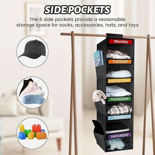 Miniatura 5 de Organizador semanal de ropa con 6 estantes para niños, organizador colgante para niños y adultos, estantes plegables para armario, de lunes a
