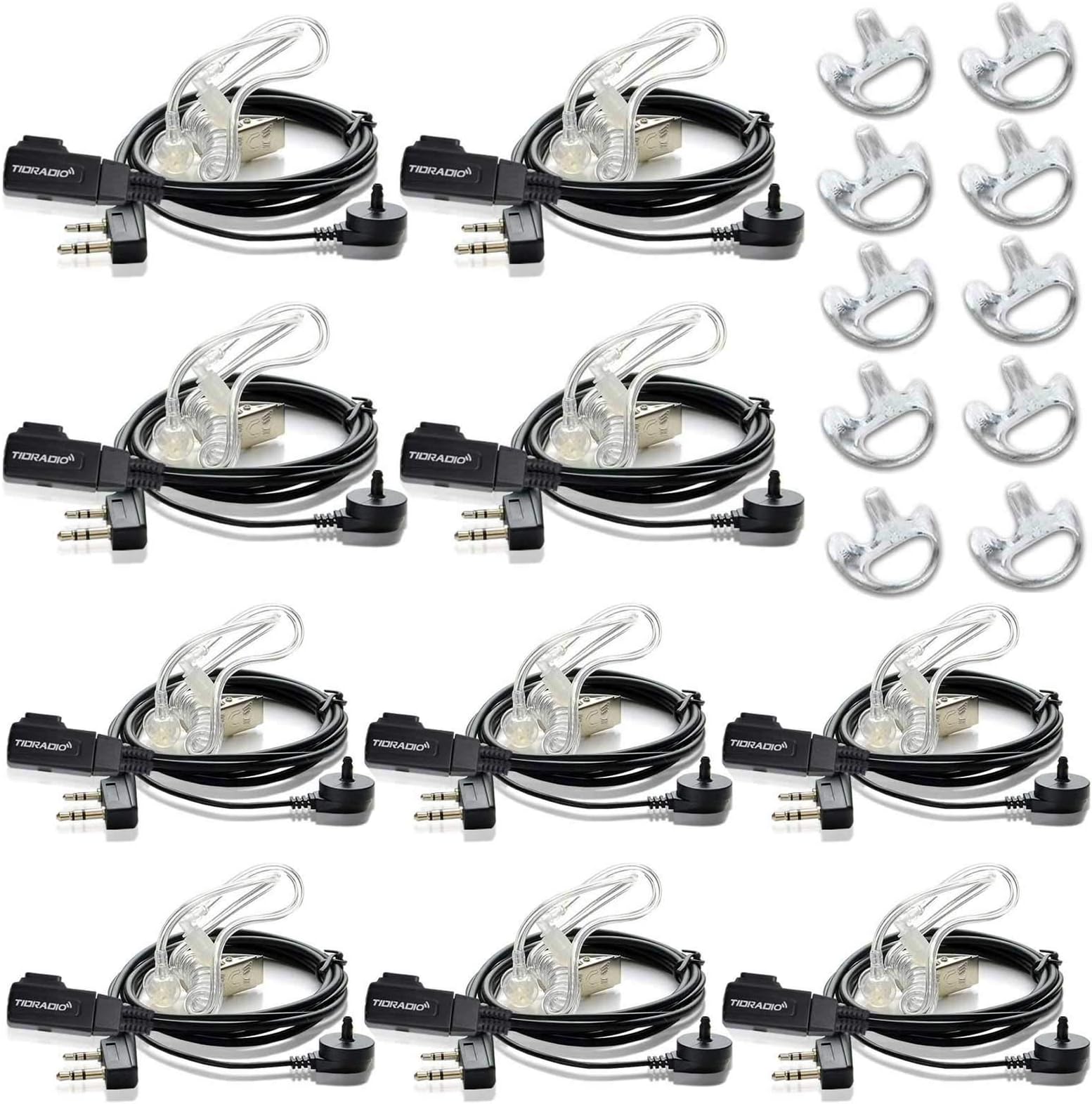 TIDRADIO Walkie Talkie Earpiece with Mic (Includes Earmolds and Ear Buds) 2 Pin Acoustic Tube Headset TD-M8s TD-V2 Retevis H-777 RT21 RT22 RT68 Baofeng UV-5R BF-888S 2 Way Radio (10 Pack)