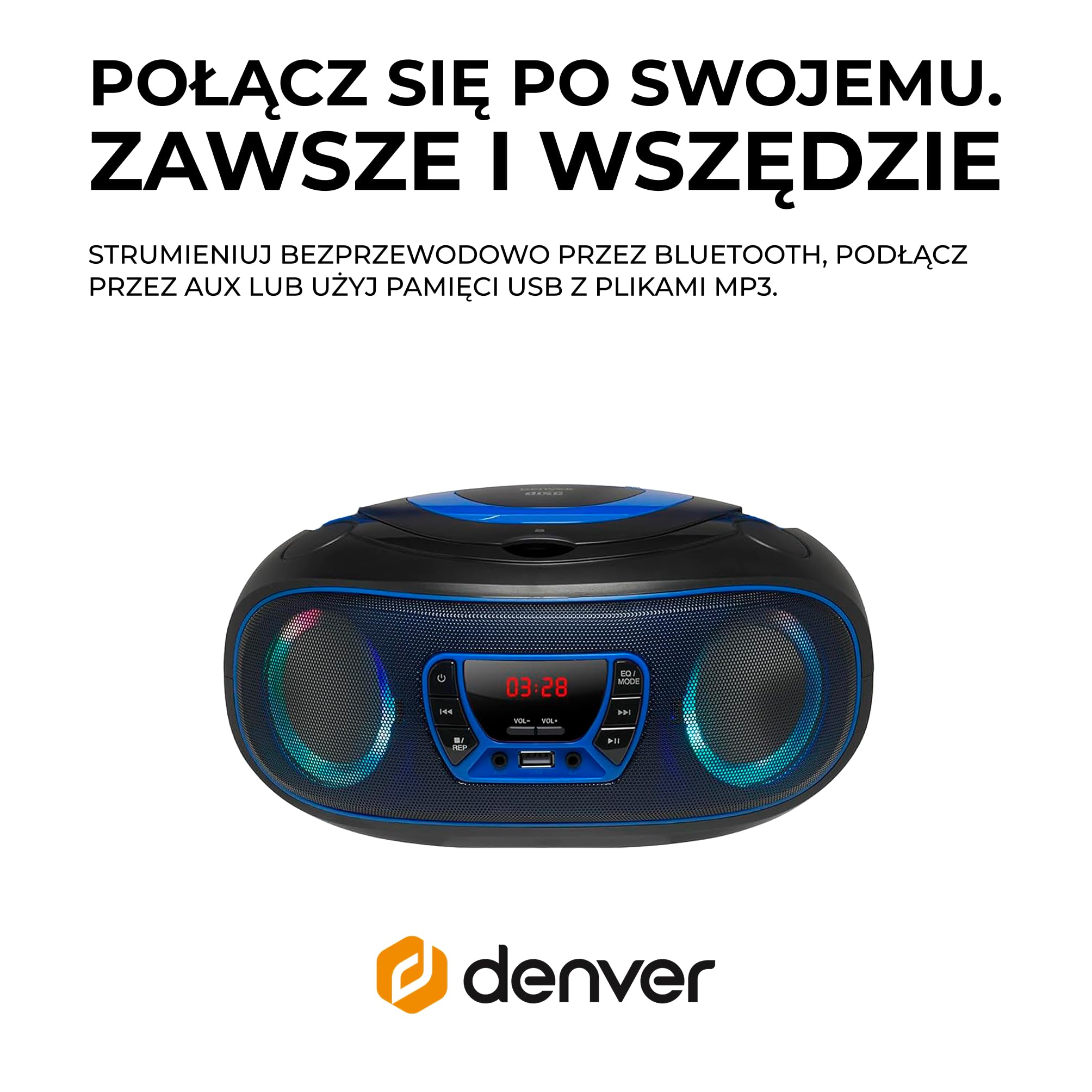 Denver TCL212BT radio z Bluetooth, radio Bluetooth z efektami świetlnymi, przenośny odtwarzacz CD, AUX, USB, niebieskie