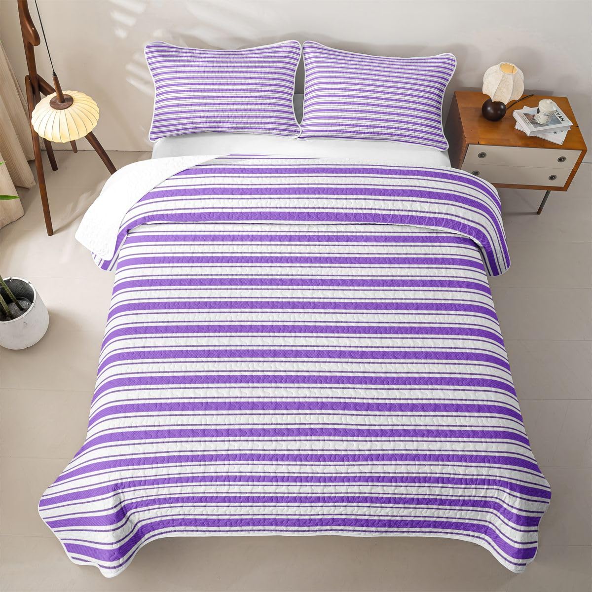 Homewish Set copriletto trapuntato a righe viola e bianche per letto king