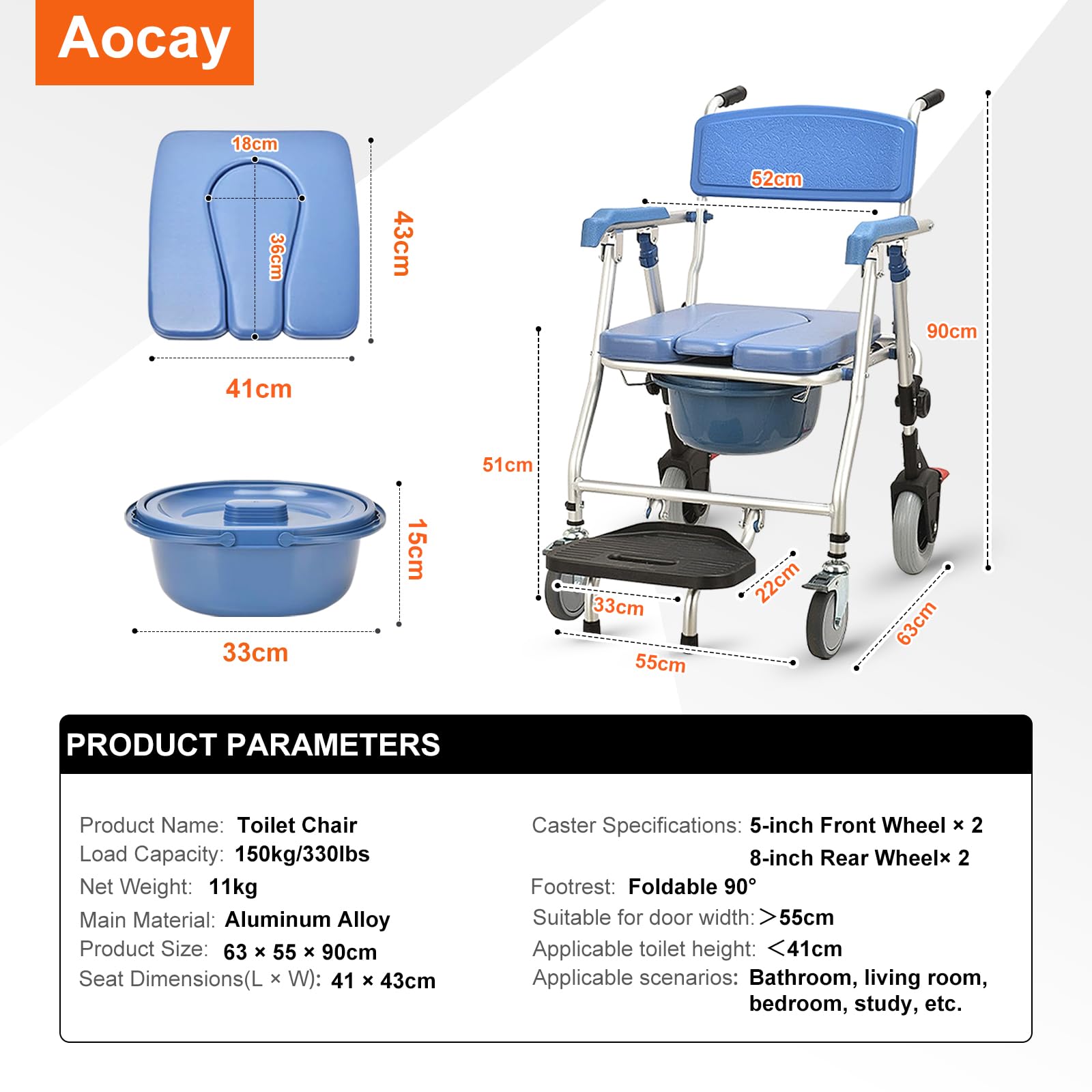 Silla de Ducha con Ruedas y WC, Silla de Baño Geriatrica Plegable, Silla WC para Personas Mayores,Taburete de Ducha con Reposabrazos, Capacidad de Carga 150 kg