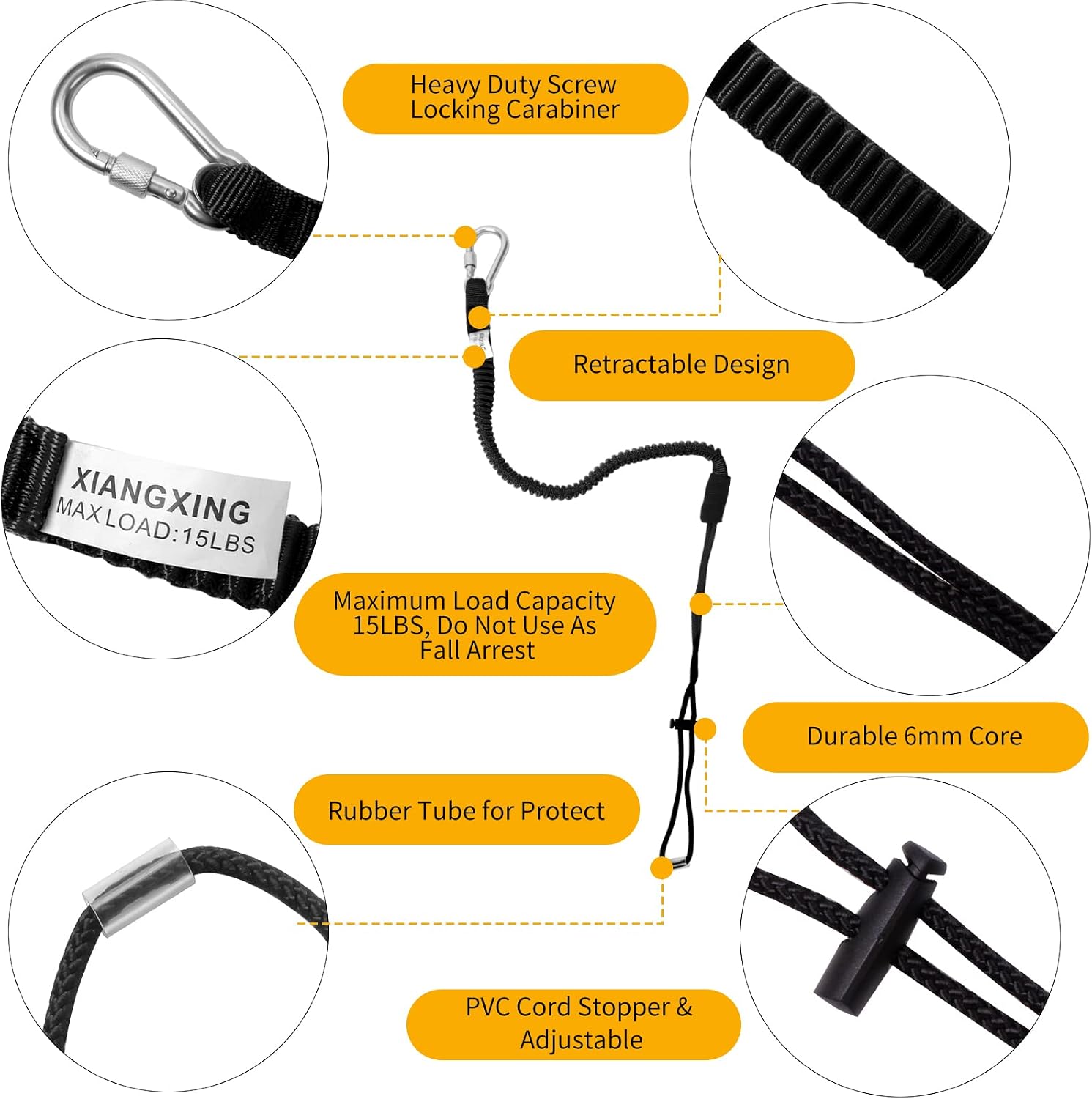 Retractable Tool Lanyard, 3 Pack Safety Tool Leash with Aluminum Lock Carabiner Clip and Adjustable Loop End, Fall Protection Tough Scaffold Tether for Hand Tools/Construction/Scaffolding/Roofing