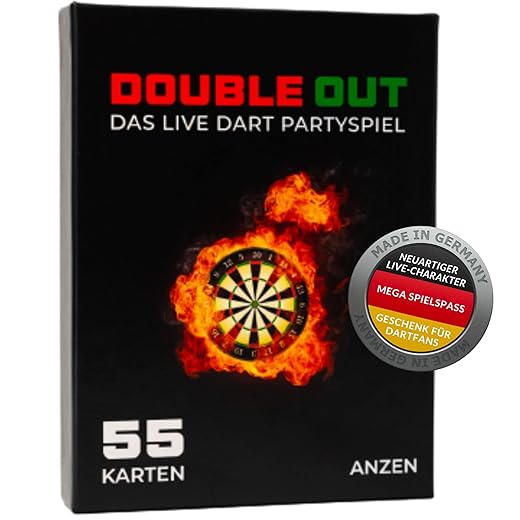 Double Out - Das Live Dart Partyspiel | Kartenspiel mit 55 Karten | Dart Geschenk-e für Männer + Frauen | Kartenspiel für Dartfans + Dartspieler | Darts Zubehör | passend zur Dart WM/PDC Ally Pally