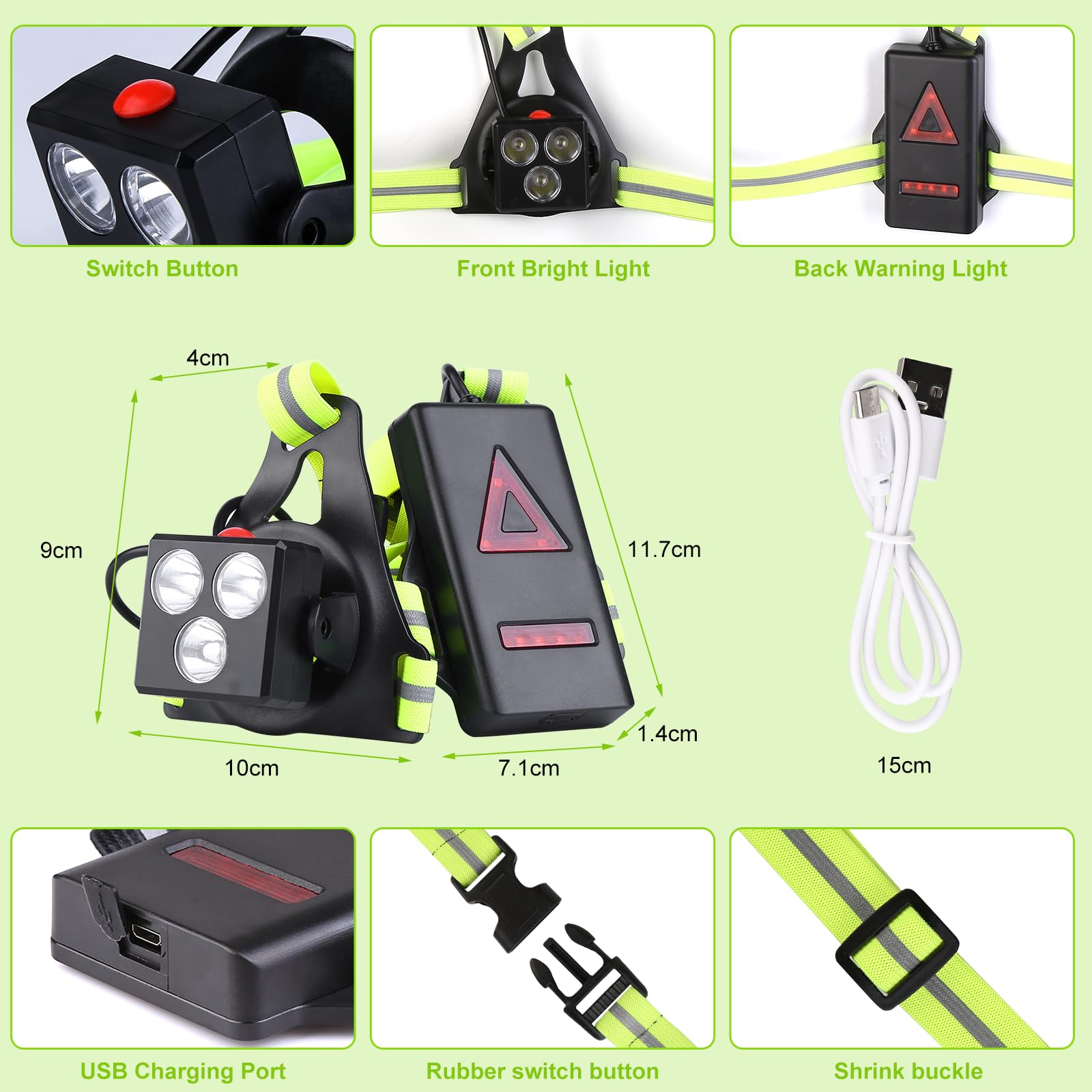 Nizirioo Luce da corsa con riflettori, lampada toracica ricaricabile USB, corsa con 3 modalità di luce, impermeabile, con luce posteriore rossa, per corsa, campeggio, escursionismo, jogging