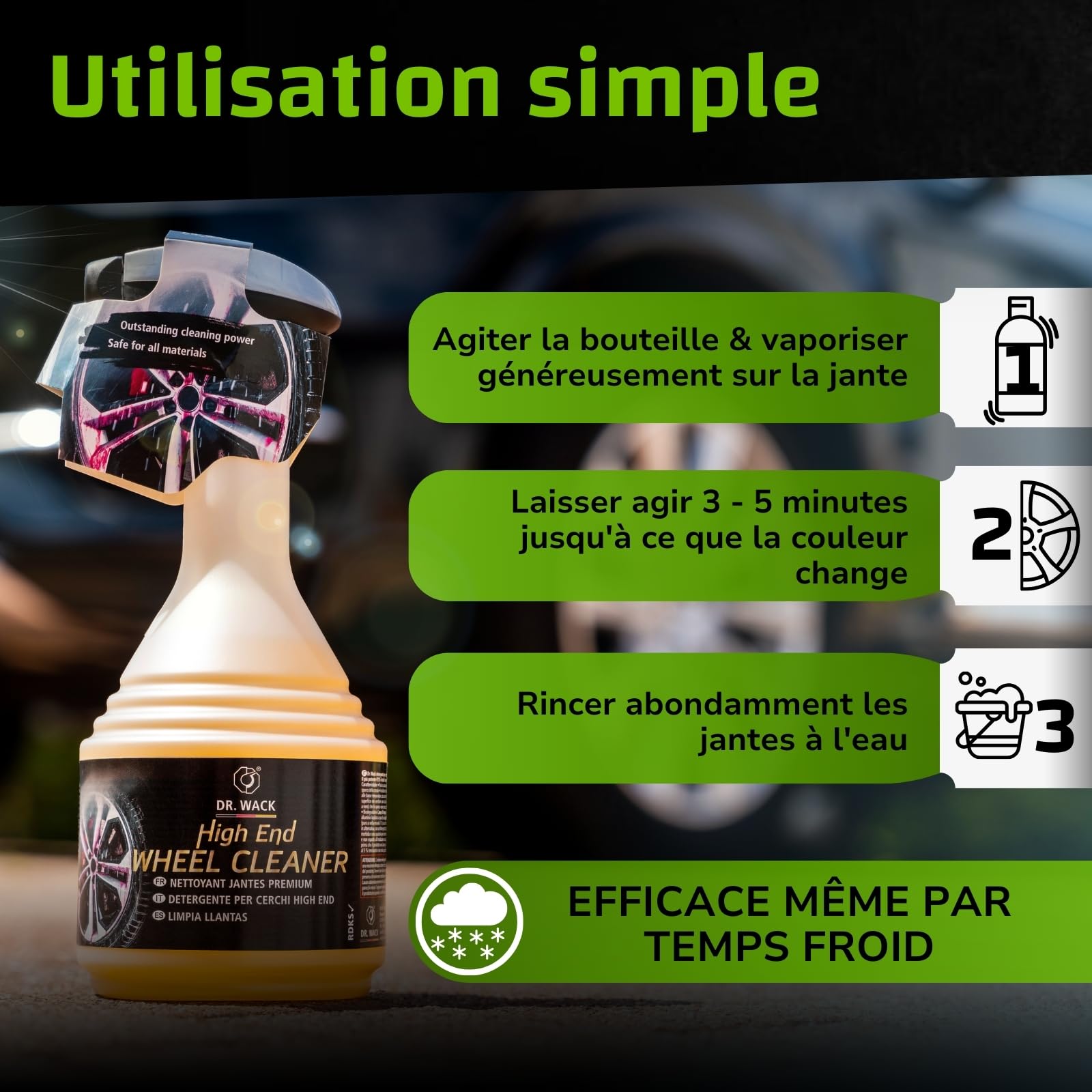 Dr. Wack - High End Nettoyant pour Jantes de Voiture 750 ML – Spray Rapide et Doux – Formule Gel & indicateur d'efficacité – pH Neutre – Entretien Automobile Premium