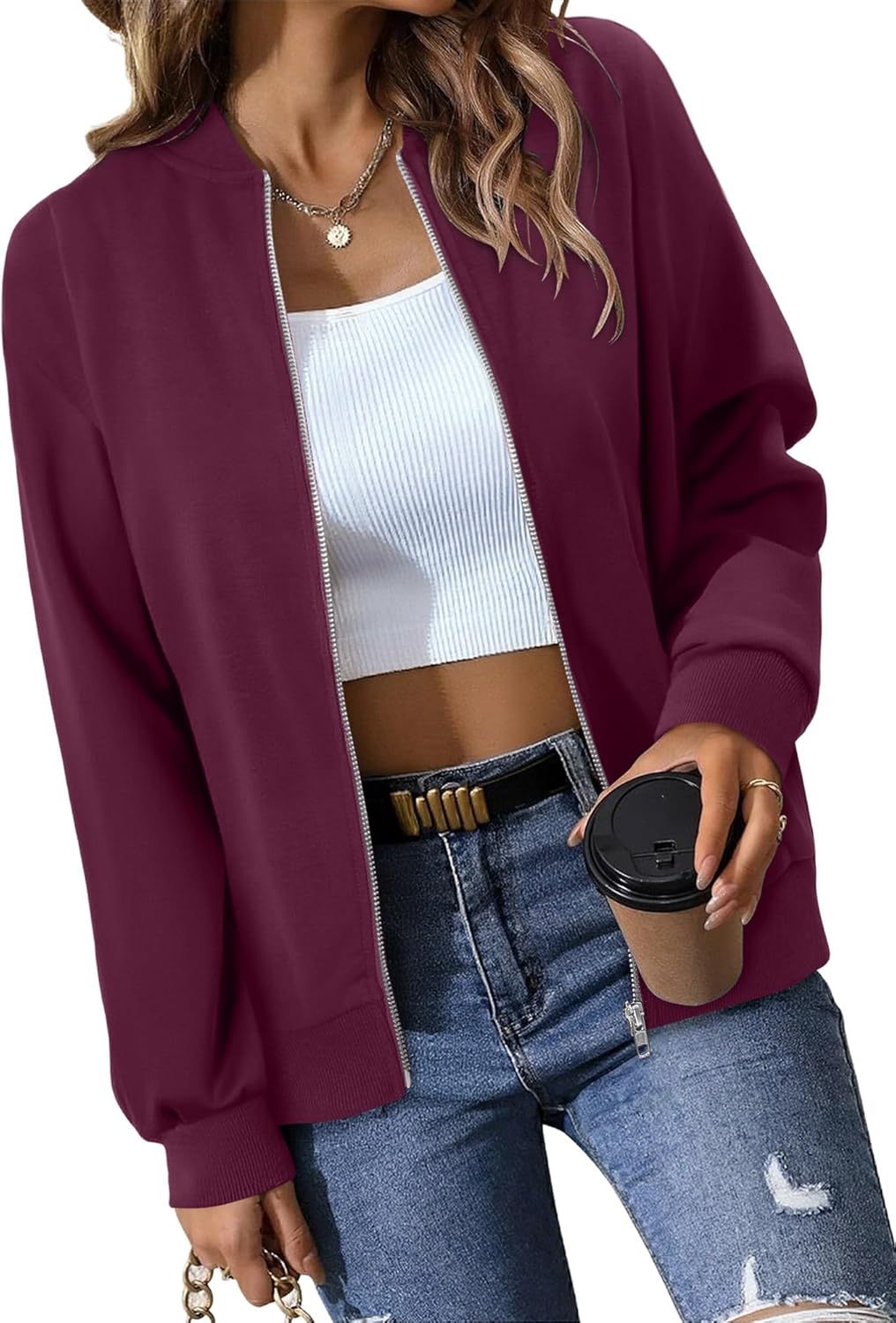 KISSMODA Womens Zip Up Jackets Sweatshirts Long Sleeve Casual Coat Outwear With Pockets - Image 2