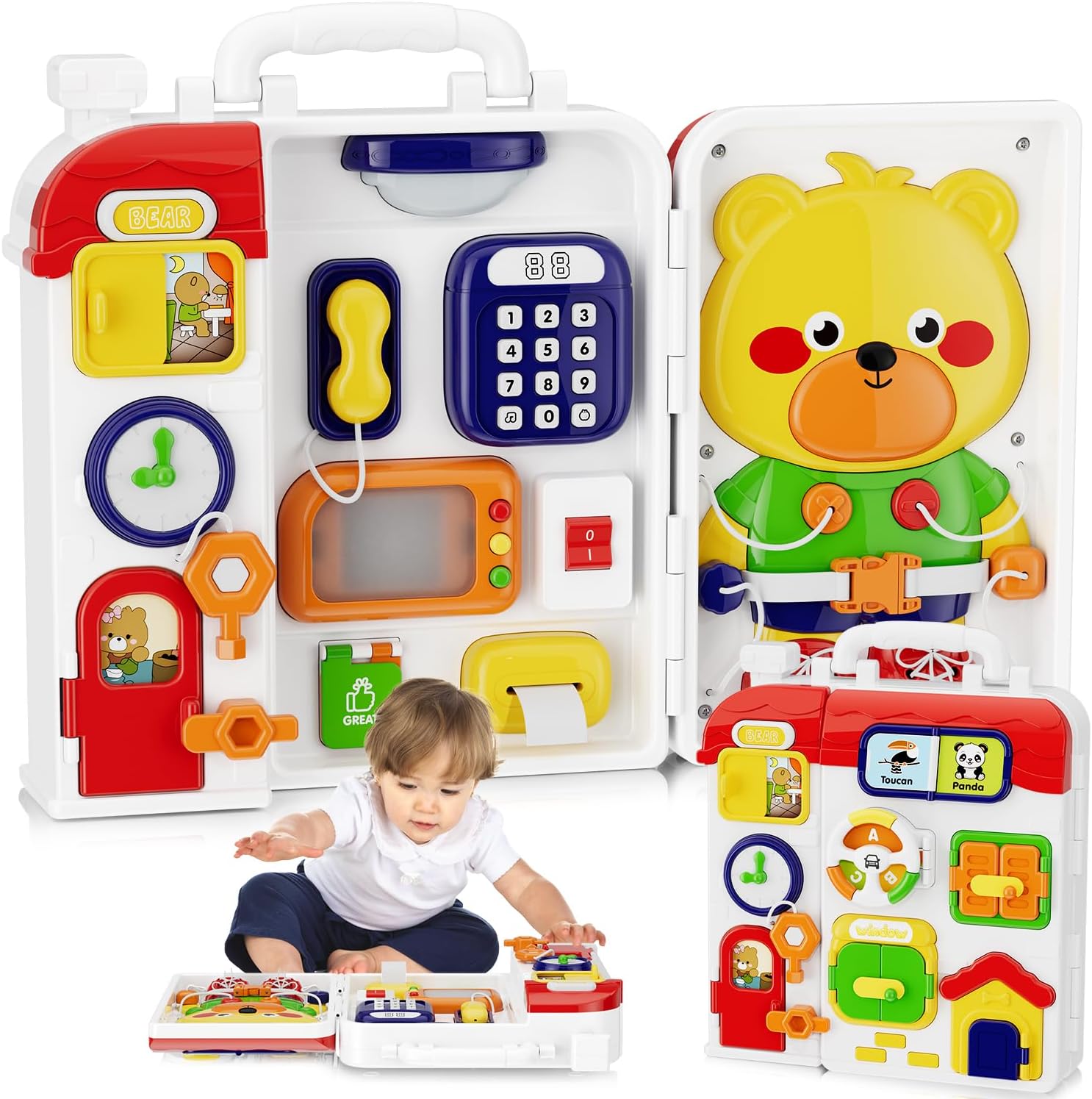 montessori toys for 1 year old boy girl, musical montessori busy board for 12-18 month age, educational montessori toy for toddlers 1-3, birthday gift for 1+ year old boy girl 9.05*2.36*10.23inch