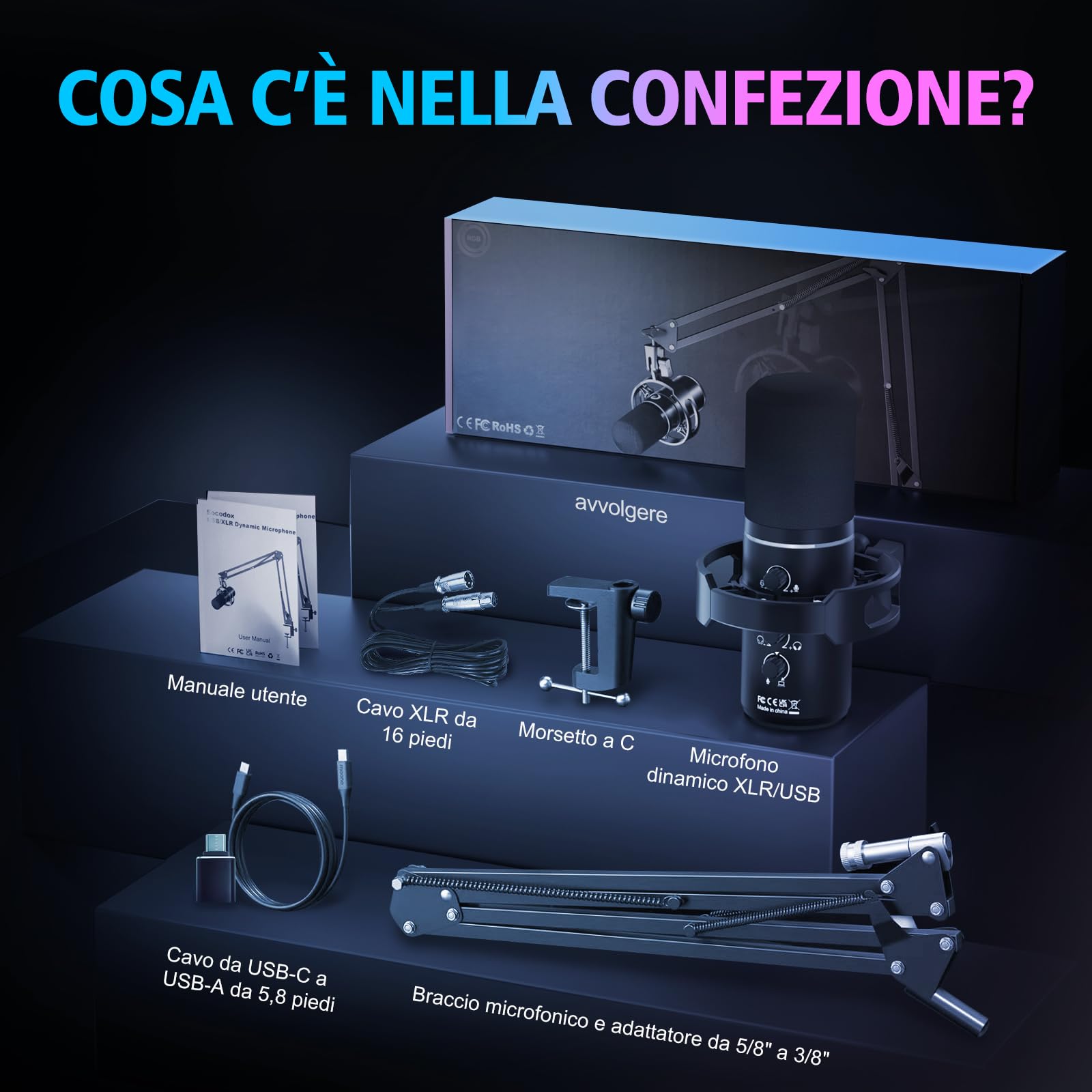 Microfono da Gaming XLR/USB con Braccio Articolato, Microfono Dinamico con Funzione di Silenziamento One-Touch, Controllo del Guadagno,Microfono RGB per Podcast,Streaming,Registrazione e Voce