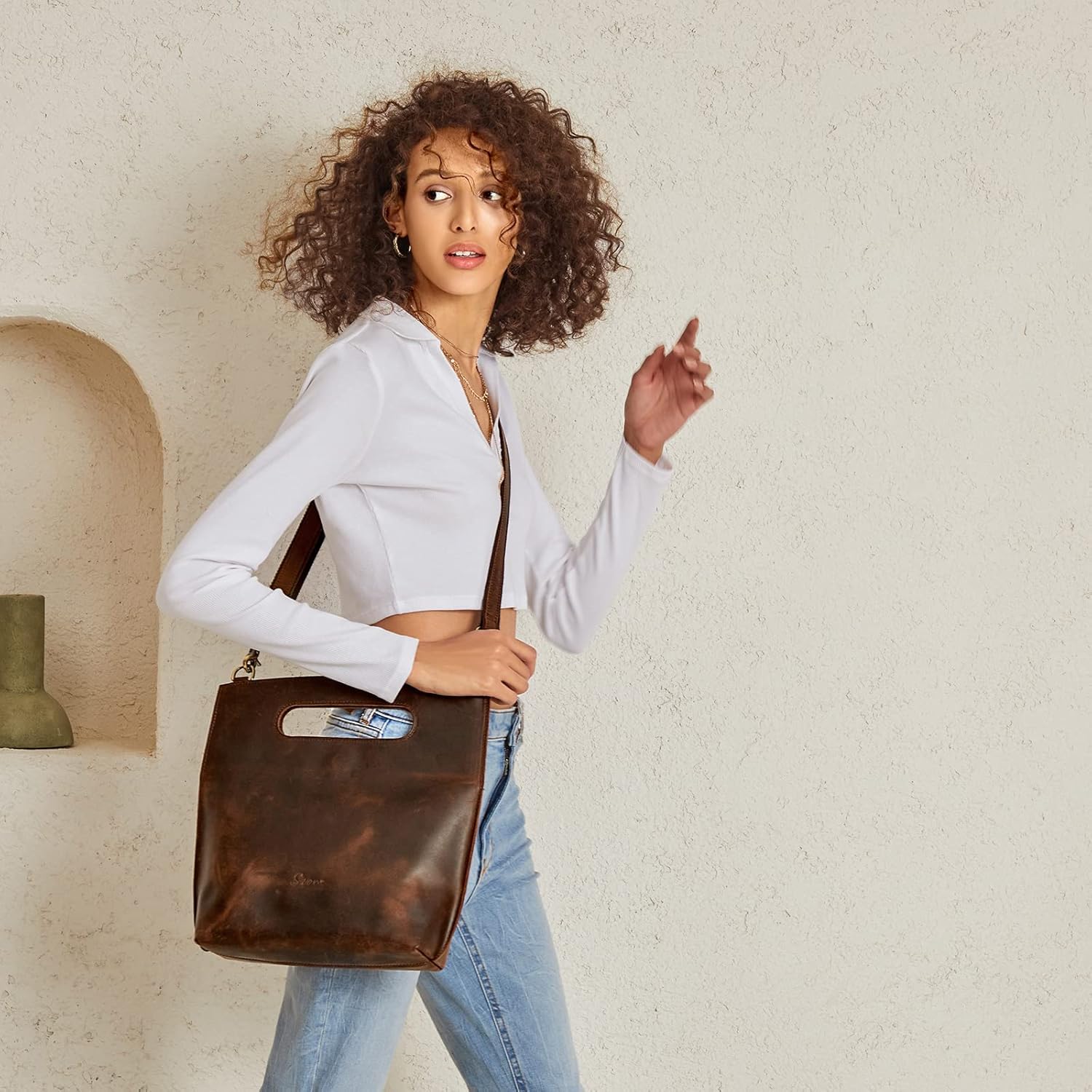 S-ZONE Women Genuine Leather Tote Bag Shoulder Handbag Vintage Crossbody Purse with Clutch Bag