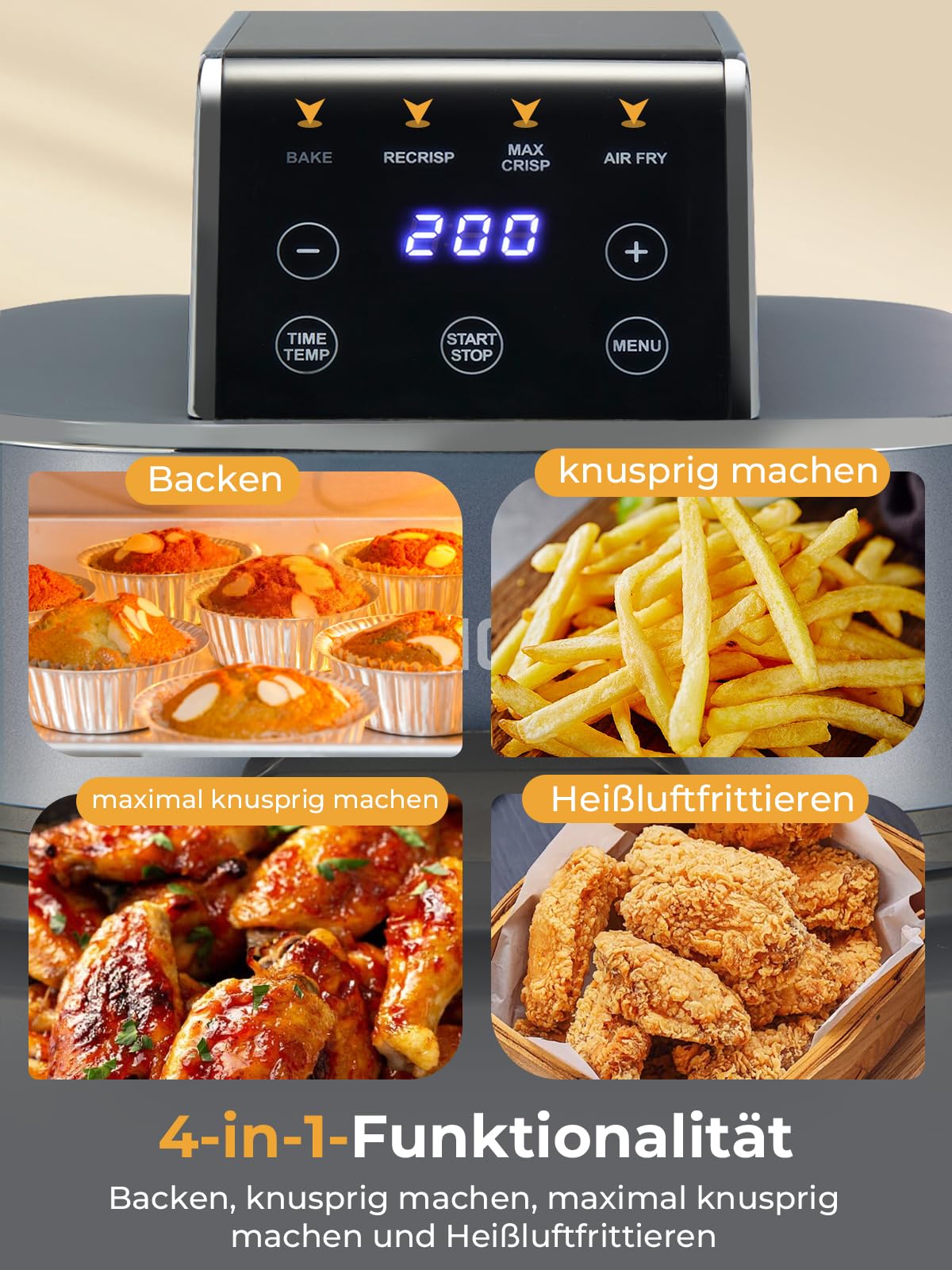FOHERE 4L Tragbare Air fryer Heißluftfritteuse, 2 Glasbehälter, Blau, 1500W | 4-in-1: Heißluftfrittieren, Backen, Recrisp, Max Crisp. 1,5L Zusatzbehälter, spülmaschinenfest, 6 Portionen, tragbar