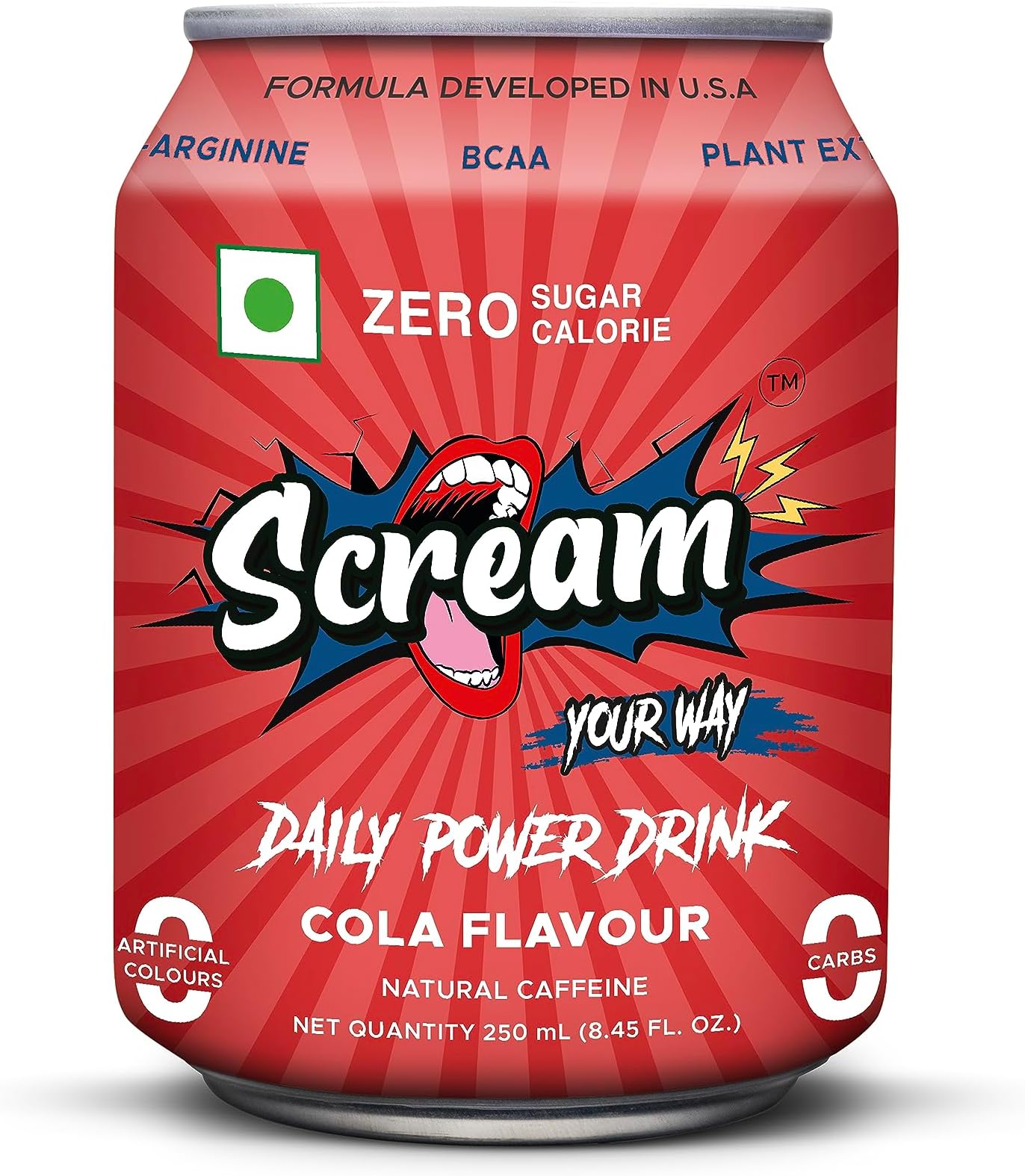 SCREAM YOUR WAY Power Energy Drink: Cola Flavour,0 Sugar,0 Calorie,0 Carb,0 Artificial Color Energy Drink With Bcaa,Natural Caffeine,Sustained Energy-Pack Of 4,250Ml Cans