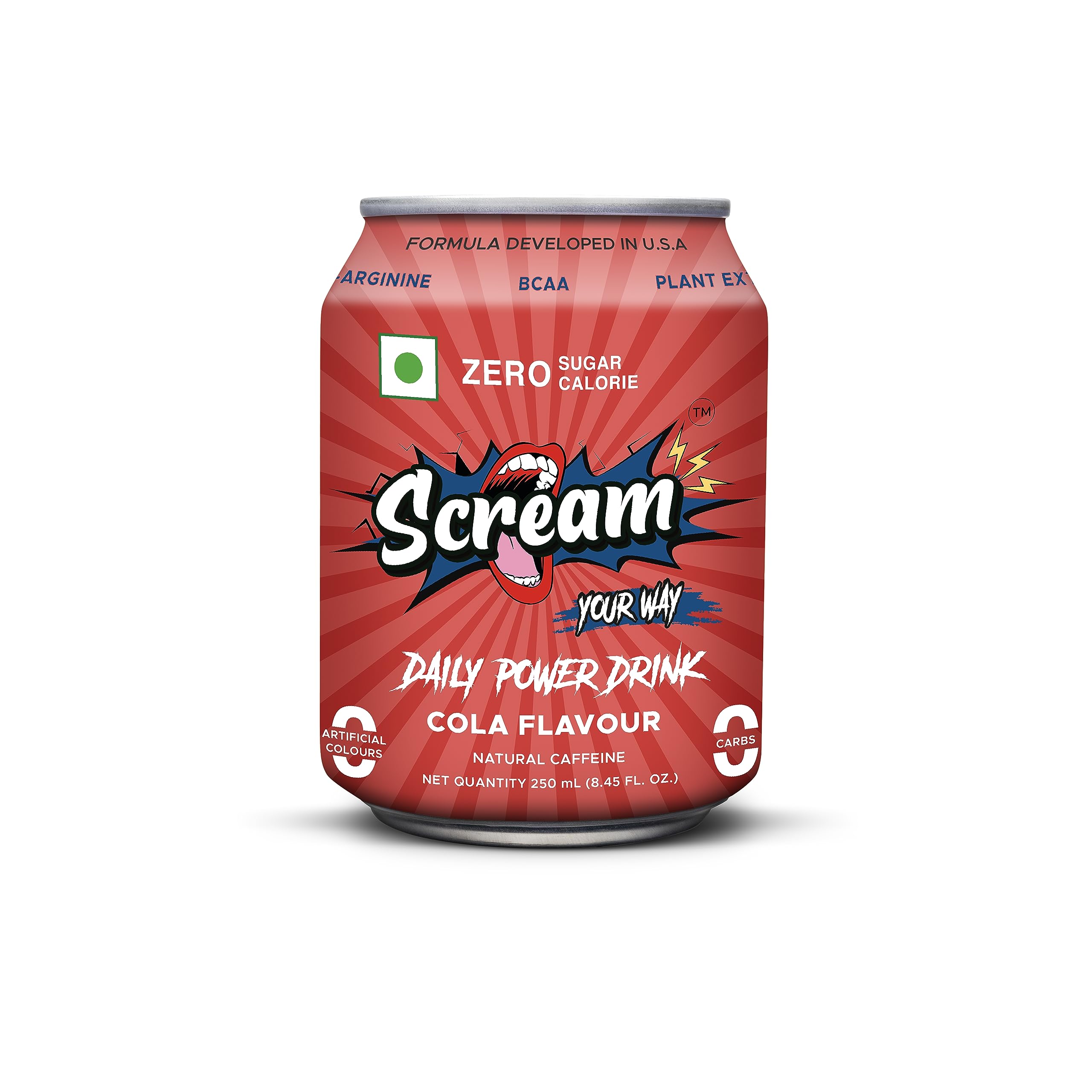 SCREAM YOUR WAY Power Drink: Cola Flavour,Zero Sugar,Zero Calorie,Zero Carb,Zero Artificial Color Energy Drink With Bcaa,Natural Caffeine,Sustained Energy-Pack Of 24,250Ml Cans
