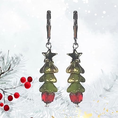 Miniatura 4 de CariCat Designs Handmade Boho Chic Gold Wash Green Christmas Tree with Red Czech Glass Base and Gold Star Atop - French Wire Lever Backs