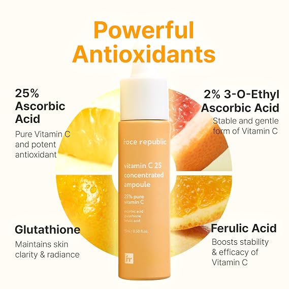 Face Republic Vitamin C 25 Concentrated Ampoule | 25% Ascorbic Acid, Glutathione, Antioxidants | No Irritation, Improve Skin Tone | Radiant Skin