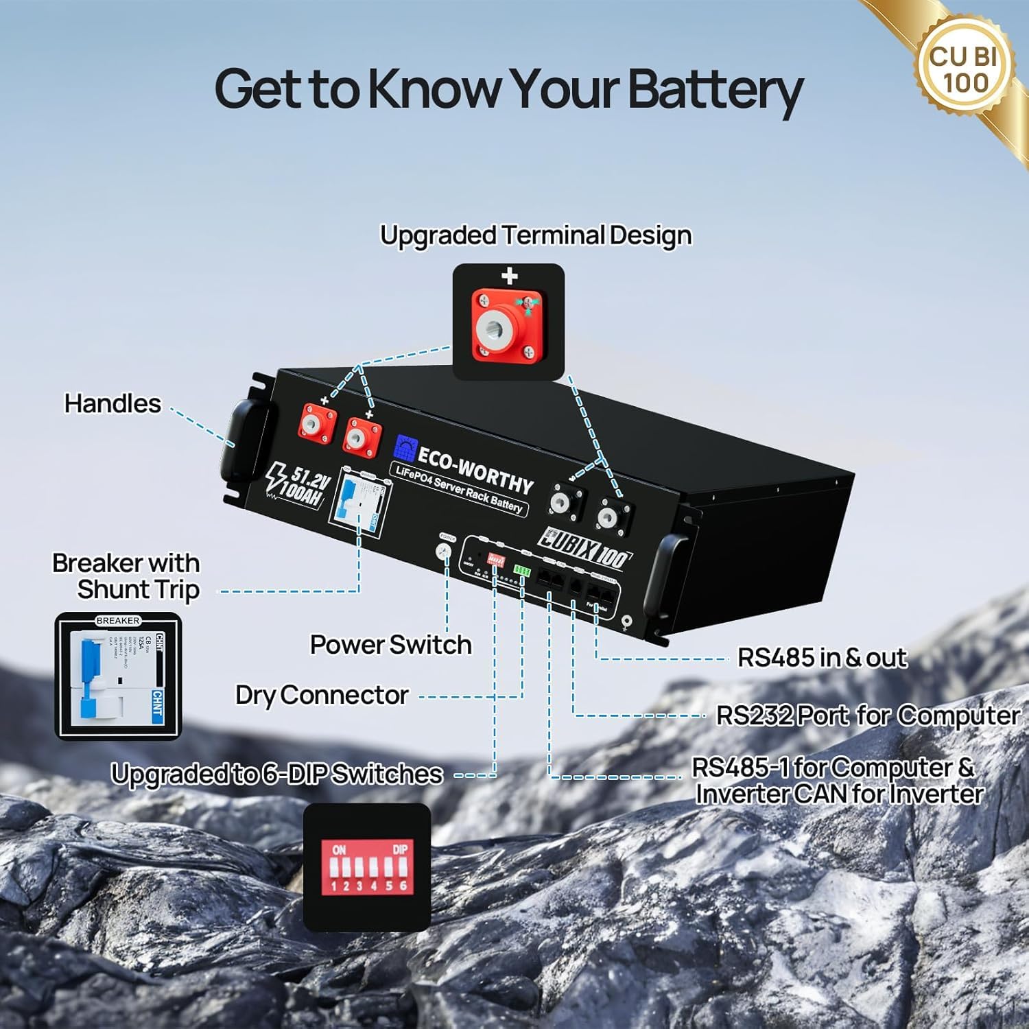 ECO-WORTHY LiFePO4 48 V 100 Ah Bluetooth z baterią litową 100 A BMS 5,12 kWh 48 V, szafa serwerowa, bateria solarna do instalacji solarnych, kompletny zestaw, instalacja fotowoltaiczna, IEC 62619