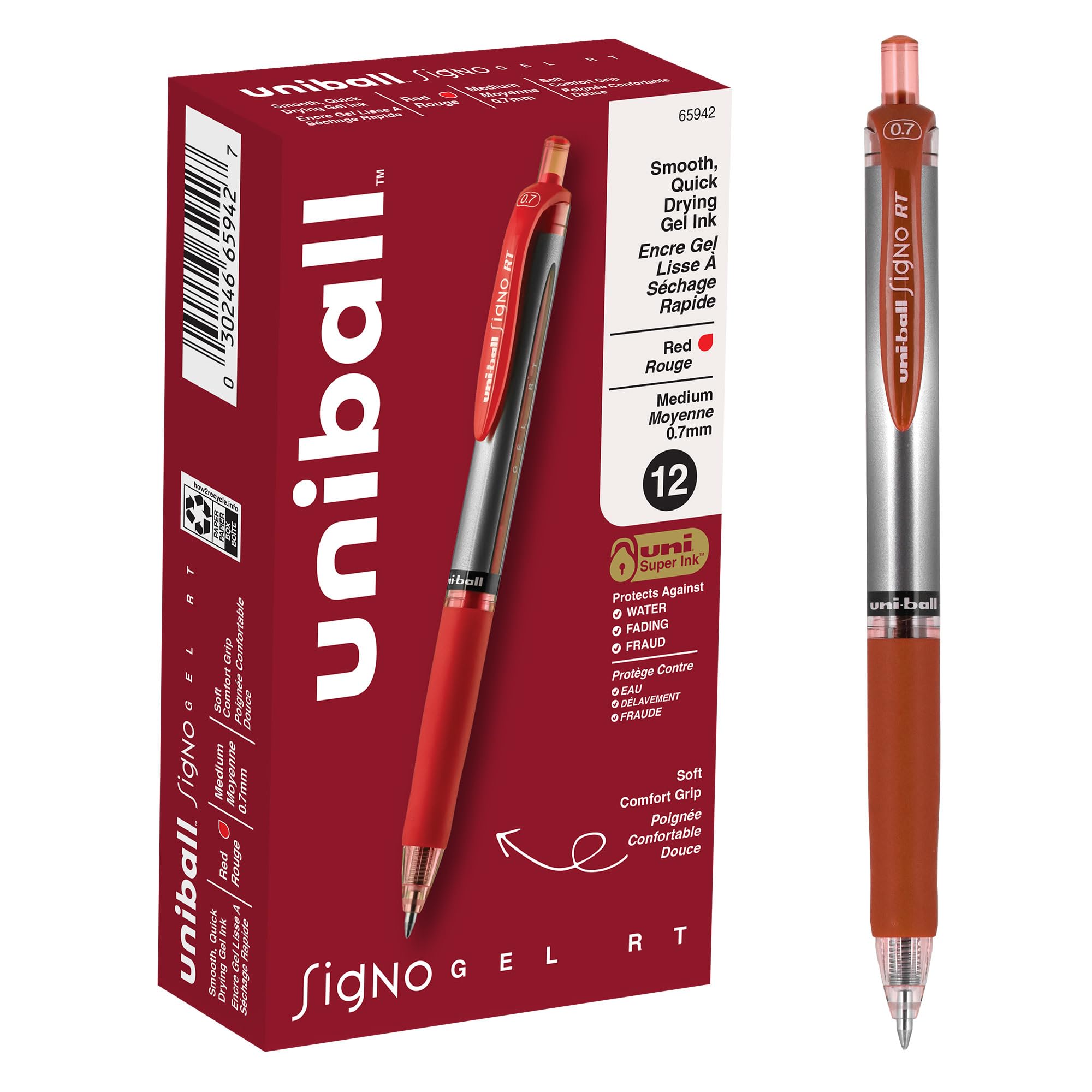 uniball Signo Gel Pen, Retractable, Medium 0.7 Mm, Red Ink, Red/metallic Accents Barrel, Dozen