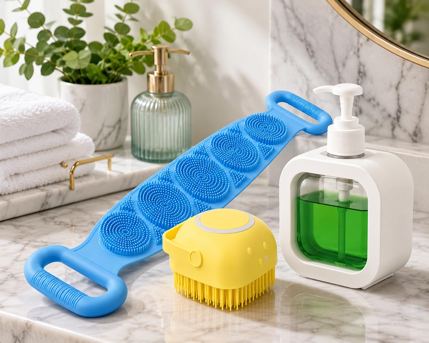 3-in-1 Bath Essentials Combo | Silicone Back Scrubber Belt + Shampoo Dispensing Silicone Body Brush + Refillable Liquid Soap Pump Dispenser | Bathroom Accessories Kit for Men & Women-image-37