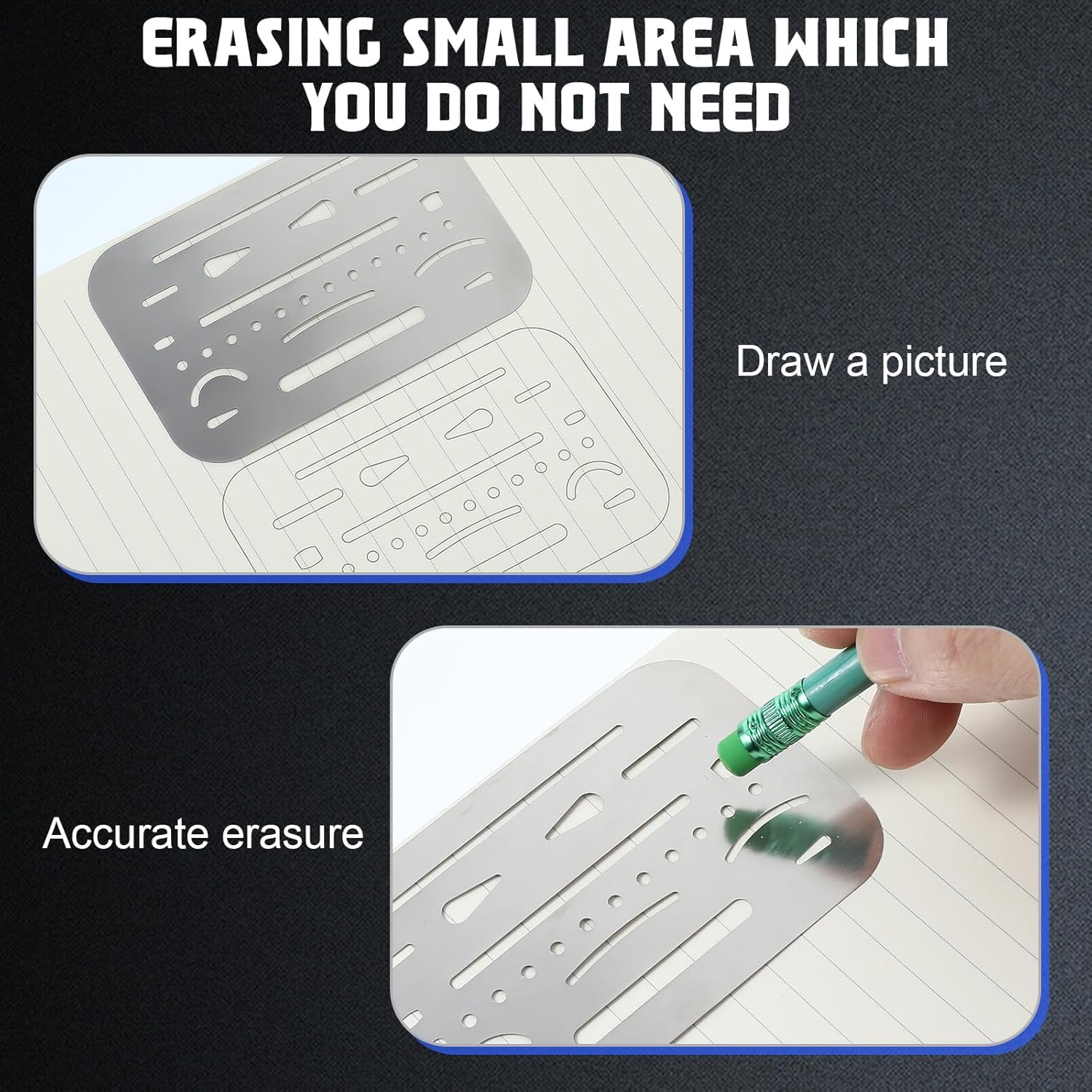 4 pezzi 27 e 26 schemi di gomma in acciaio inox per cancellare modelli durevoli strumenti da disegno versatili per cancellare strumenti di disegno ingegneristico (argento)