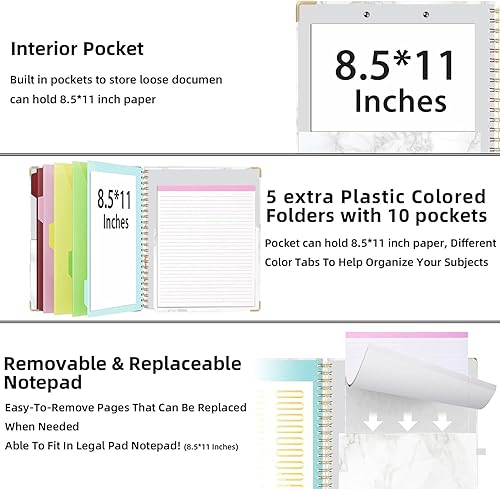 Miniatura 4 de Folio portapapeles con bloc de notas recargable, lindo portapapeles 5 divisores con 10 bolsillos, carpeta portapapeles en espiral con lazo para