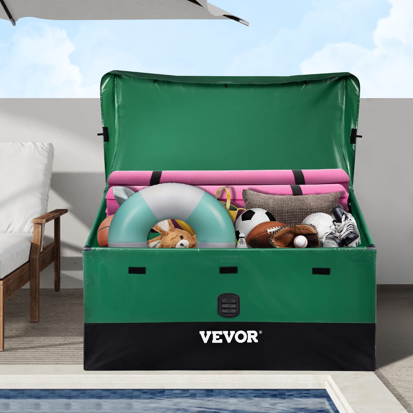 VEVOR Scatola per Stoccaggio da Esterno in PE Impermeabile con Coperchio Manici Laterali Volume da 440L, Contenitore Porta Attrezzi da Giardino con Coperchio Inclinata Capienza 440L, Baule da Giardino