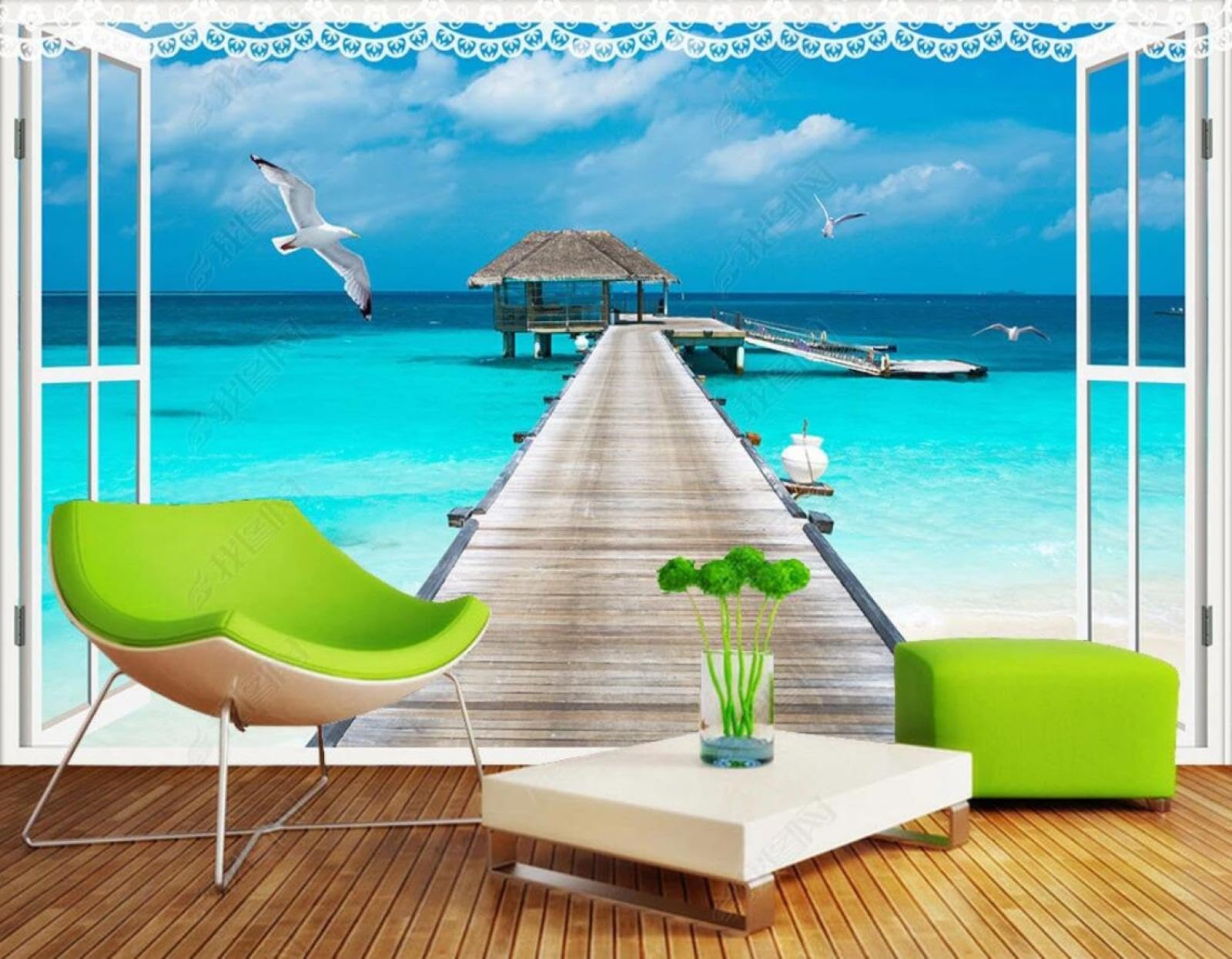 Papier peint panoramique 3D pour salon avec pont en bois océan