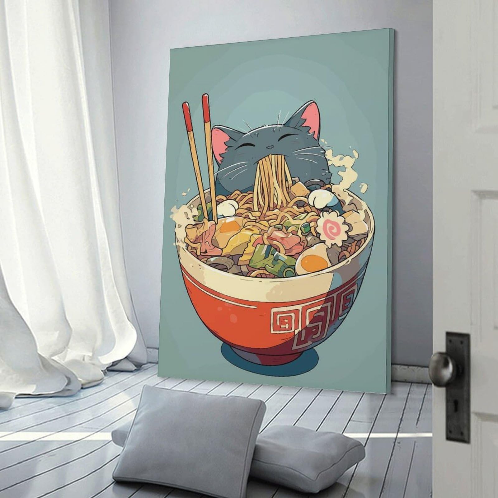 Junmoney Ramen Noodle Anime Cat Canvas Wall Art, 20x30inch(50x75cm), for Bedroom, Guest Room Or Reading Nook, Decorative Wall Art for Cosy Rooms