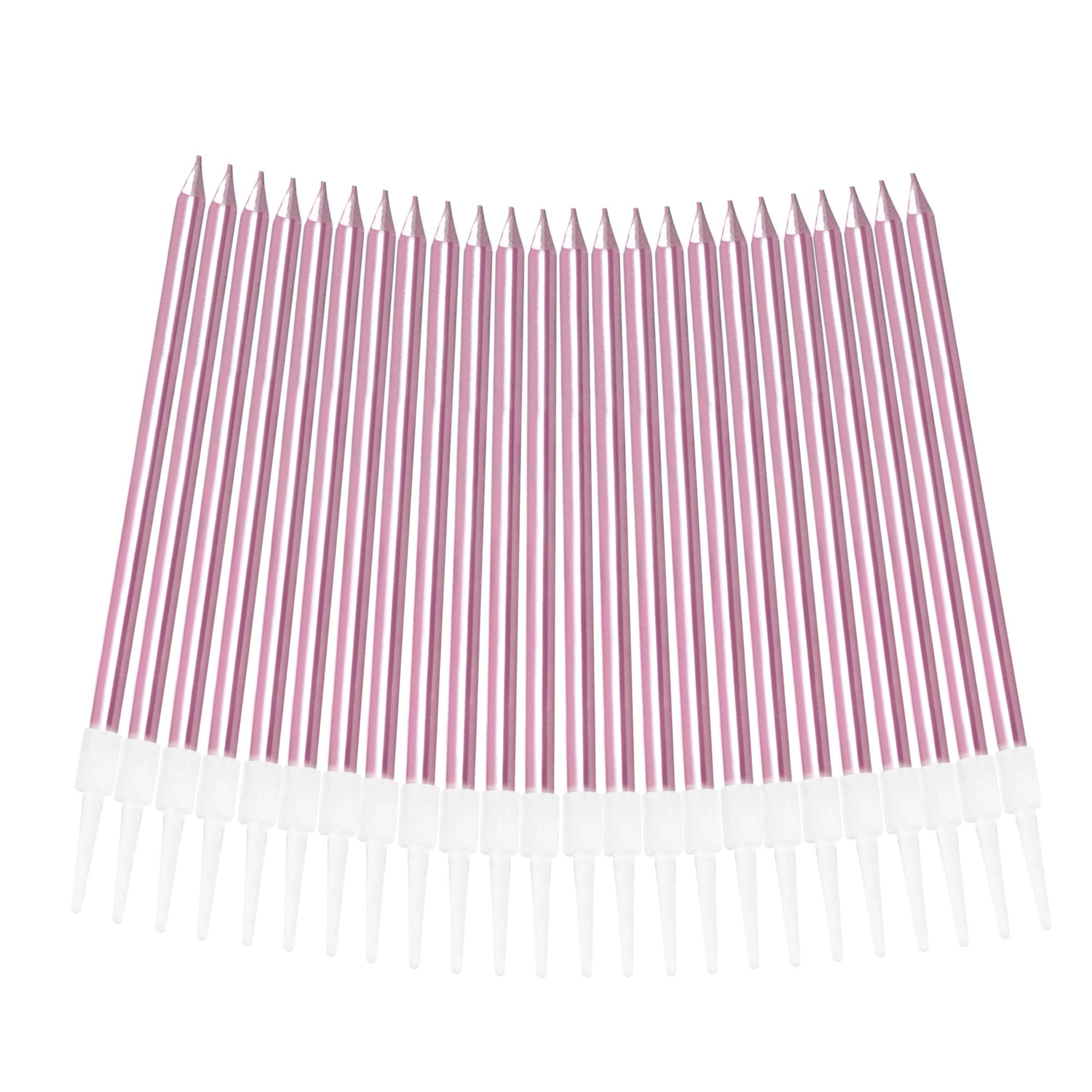Aplusplanet 24 Count Pink Birthday Candles, Metallic Long Thin Pink Cake Candles in Holders for Cupcake Wedding Cake Birthday Cake Party Cake Decorations