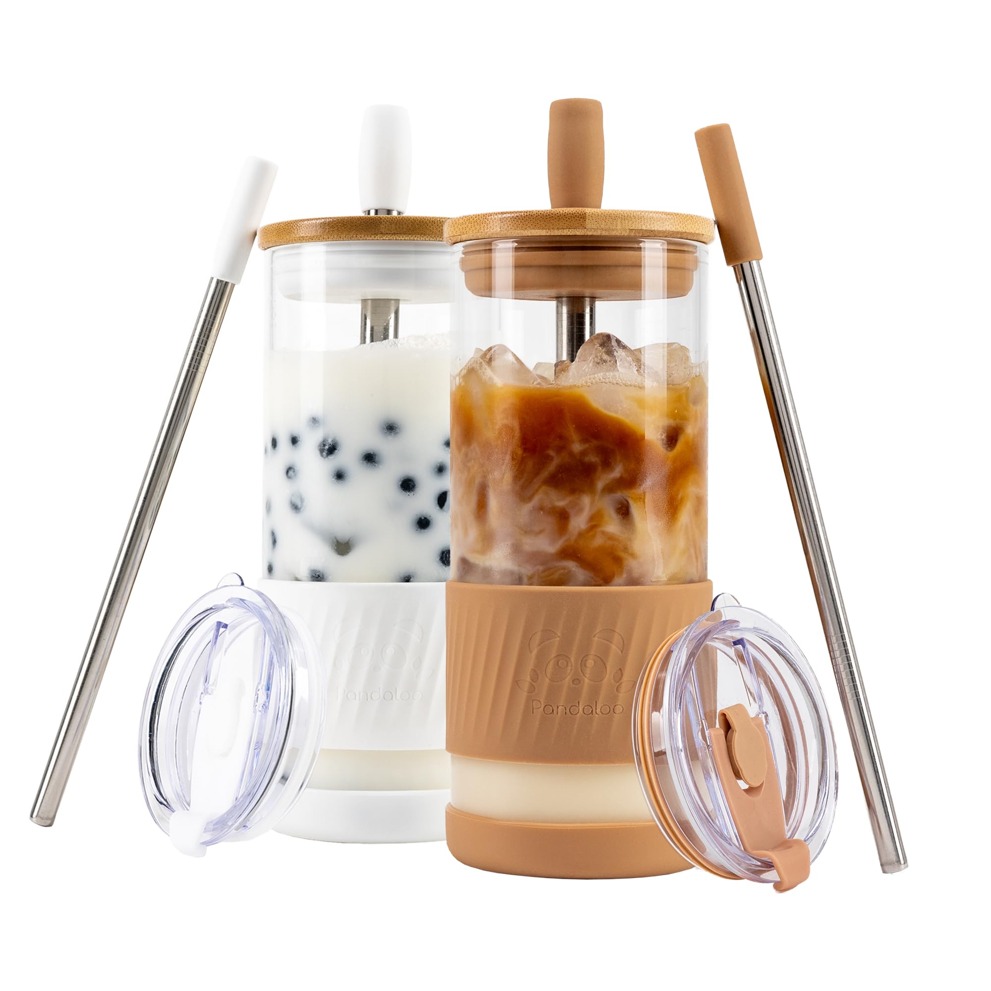 Pandaloo® Glass Cups With Lids and Straws -20 Fl Oz- Perfect Size Iced Coffee Cup - Smoothie Cup With Bamboo Lid and On the go Lid - Glass Tumbler (2 Count (Pack of 1), Amber Sand-Coton White)