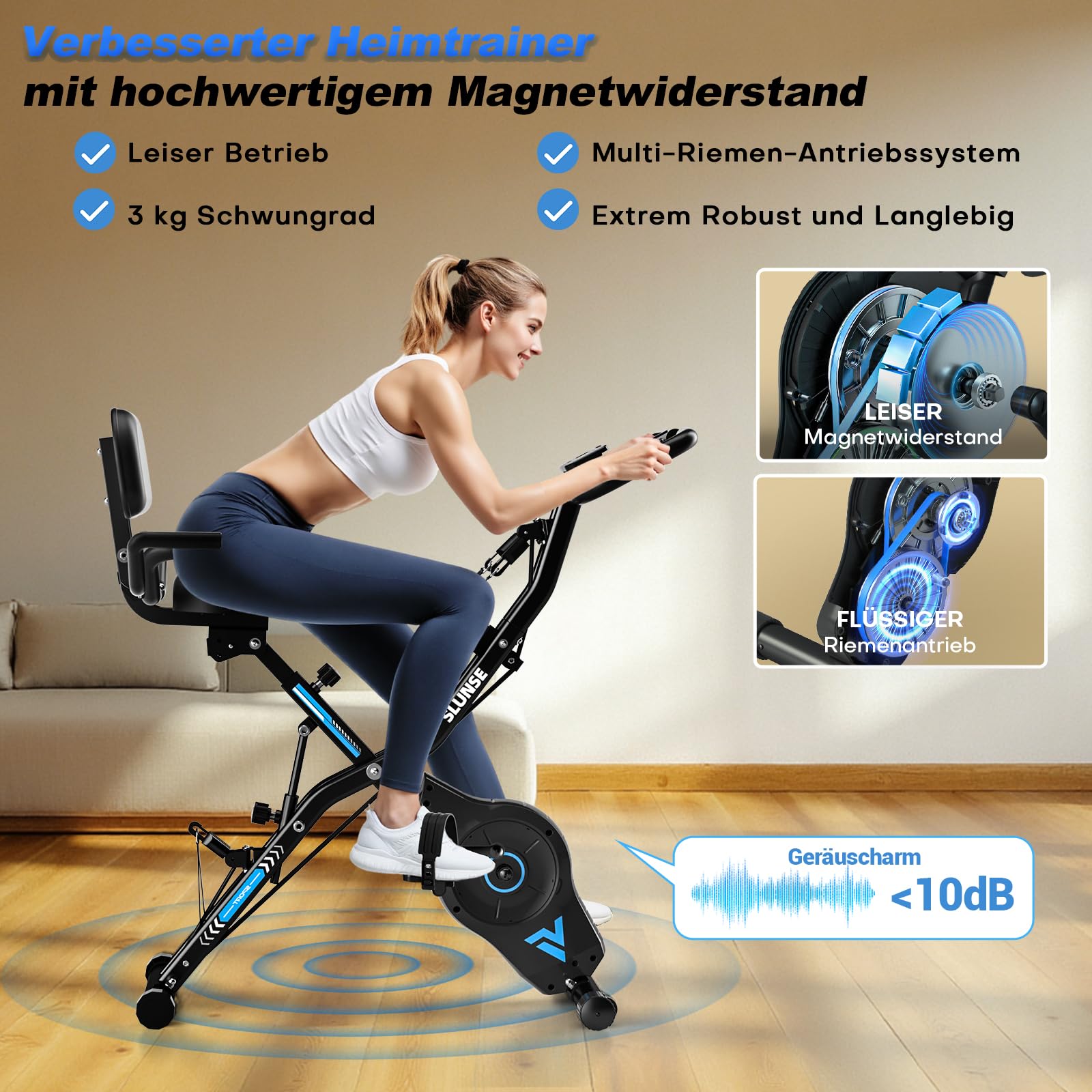 Heimtrainer Fahrrad Klappbar, SLUNSE FITNESS Neu Hometrainer Fahrrad mit 16-stufiger Magnetwiderstand, Ergometer Heimtrainer mit 10dB extra Leise, Indoor Bike für Kardio-Training zu Hause, Bis 160KG