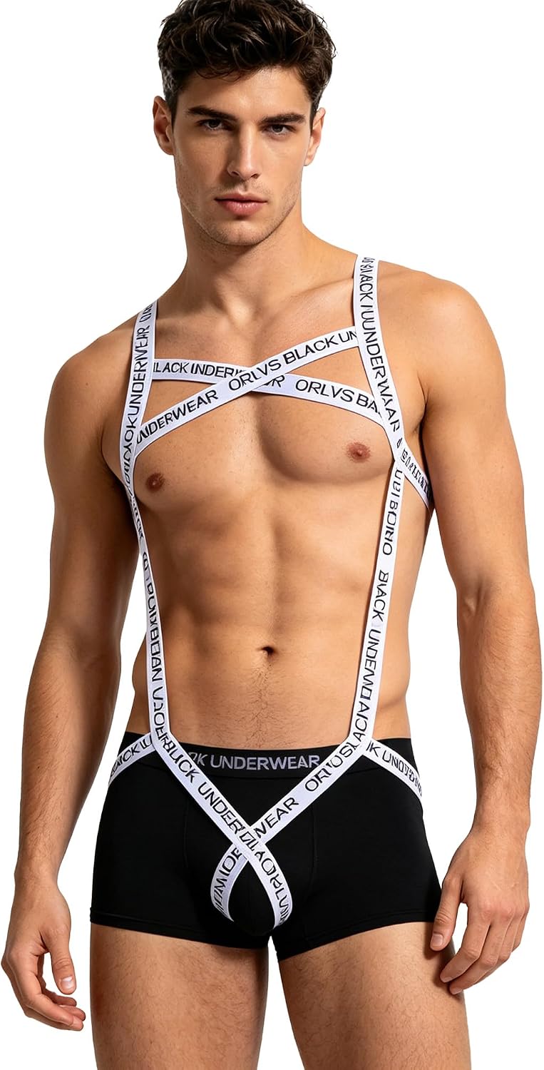 FEESHOW Men Suspender Jockstrap Elastic Lingerie Body Bandage Harness Chest Cage Belts One-piece Jumpsuit