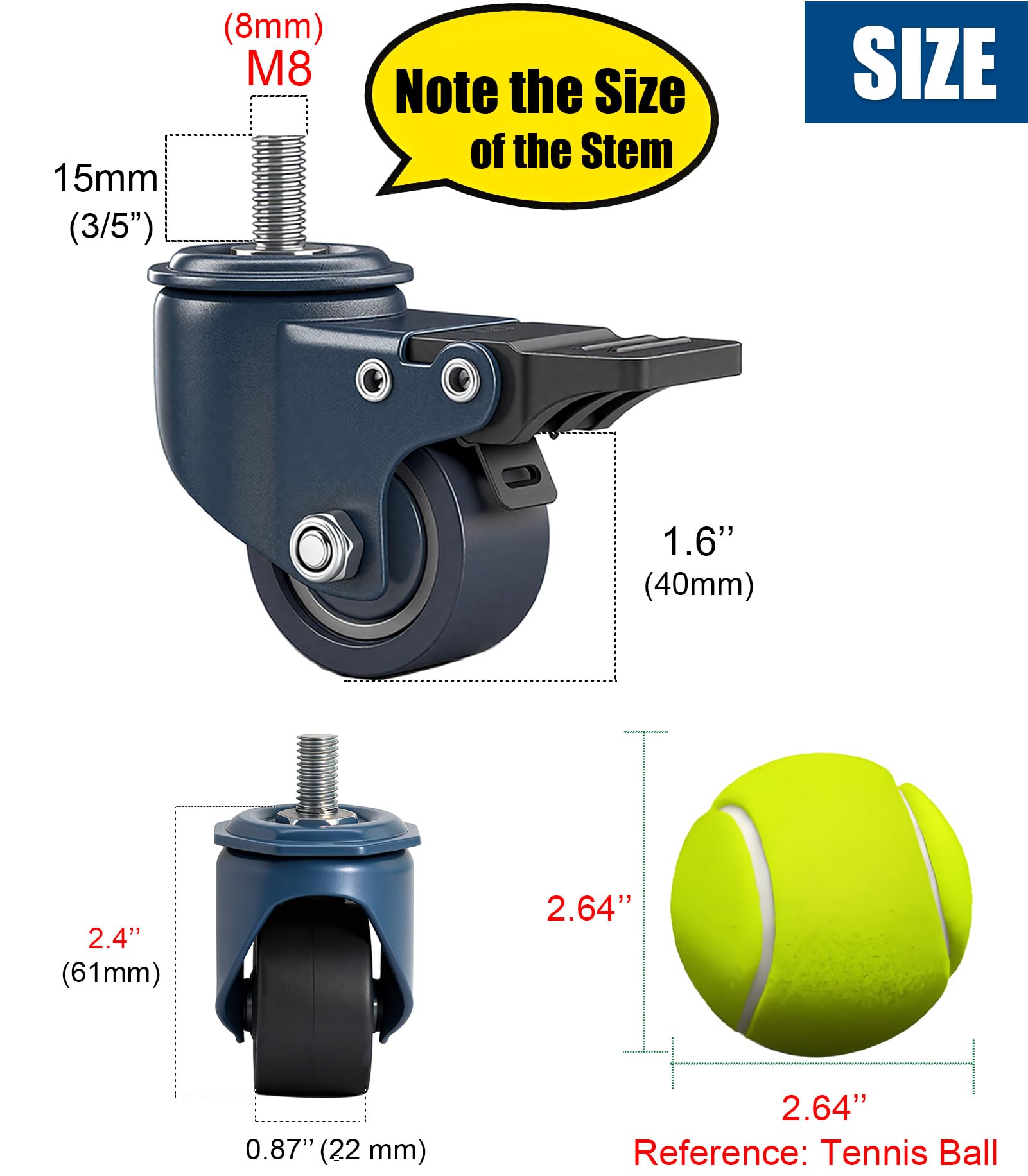 Industrial Stem Casters - M8 Locking Brake Wheels -3 Industrial Stem Casters - M8 Locking Brake Wheels -3