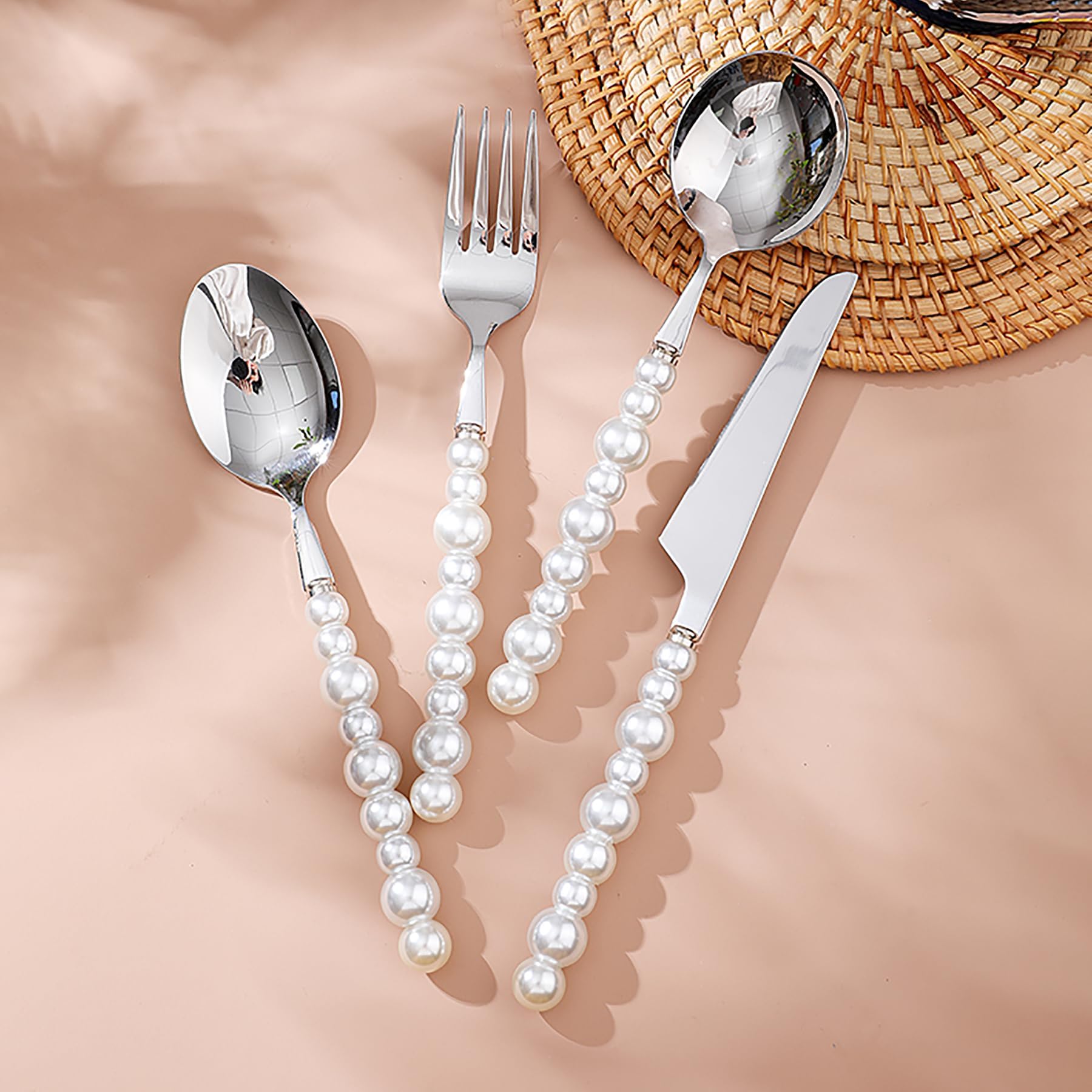 Genérico Juego De Cubiertos De 48 Piezas, Cubiertos De Acero Inoxidable 18/10, Cubiertos con Mango De Perla, Cubiertos Aptos para Lavavajillas, Cubiertos Multiusos para Banquetes