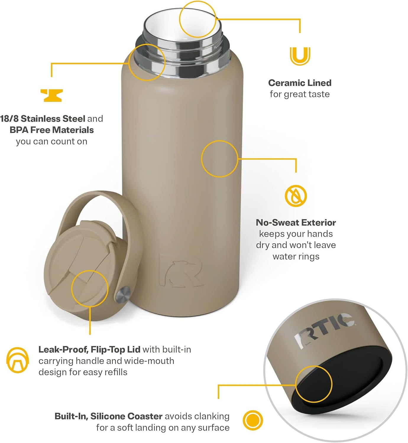 RTIC 32oz Outback Water Bottle, Ceramic Lined, Insulated, Stainless Steel, Double Wall Vacuum-Insulation, Leak-Proof Lid, BPA-Free Water Flask Hiking, Running, Sports, Outdoor, Beach - Image 3